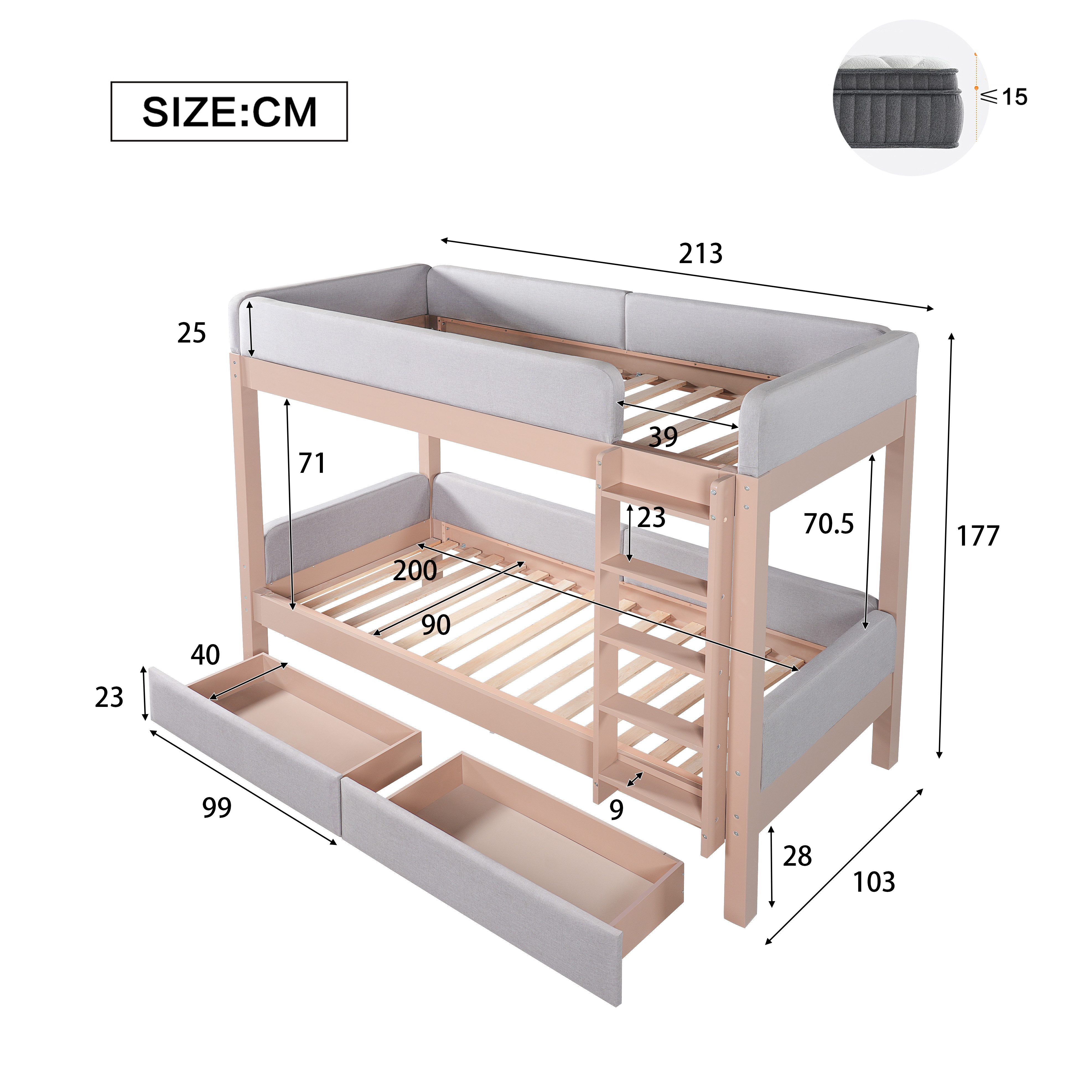 Flieks bunk bed, children's bed 90x200cm with anti-collision sponge edge and 2 drawers