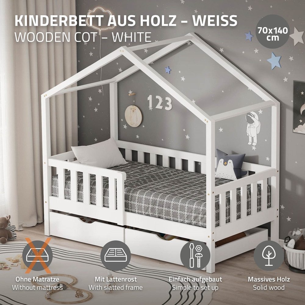ML-DESIGN Spielbett Hausbett Kinderbett inkl. 2 Schubladen, Lattenrost und Rausfallschutz, Abenteuerbett 70x140cm Haus Bett Himmelbett Kiefer Jugendbett Weiß – Bild 2 von 5