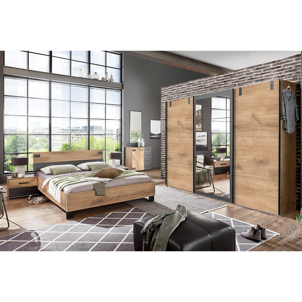 Lomadox Schlafzimmer-Set MONTELLA-43, (Spar-Set, 6-tlg., Schwebetürenschrank Spiegel Kommode Nachttische Bettgestell), in Eiche & graphit, Liegefläche 180x200 cm