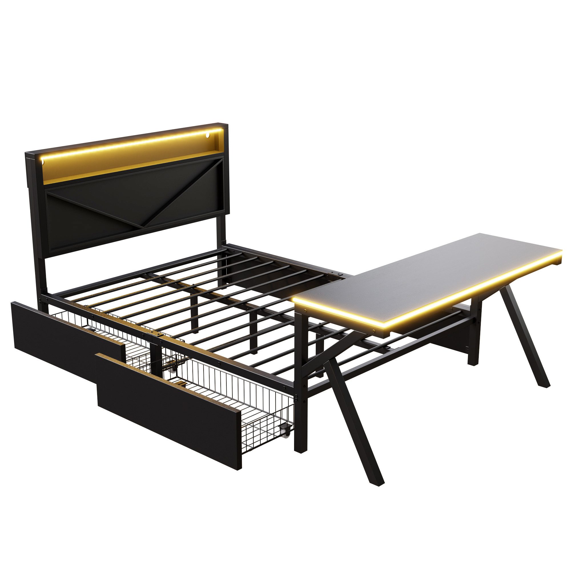 HAUSS SPOLE Youth Bed 140x200 with LED USB, Functional Bed with Desk and Storage