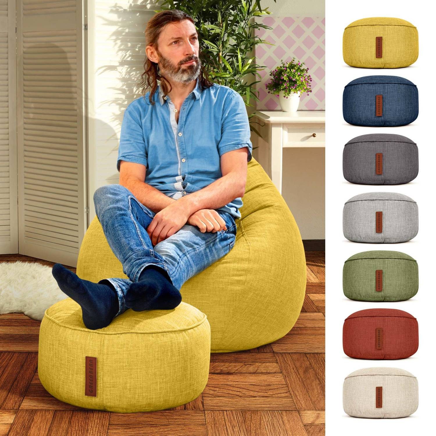 Green Bean Pouf Sitzsack-Hocker Home Linen 45x25cm (Sitzsack-Hocker 45x25cm mit EPS-Perlen Füllung -, Fußhocker Fußkissen Sitz-Pouf für Sitzsäcke), Bodenkissen für Kinder und Erwachsene - Sitzkissen Sitzhocker