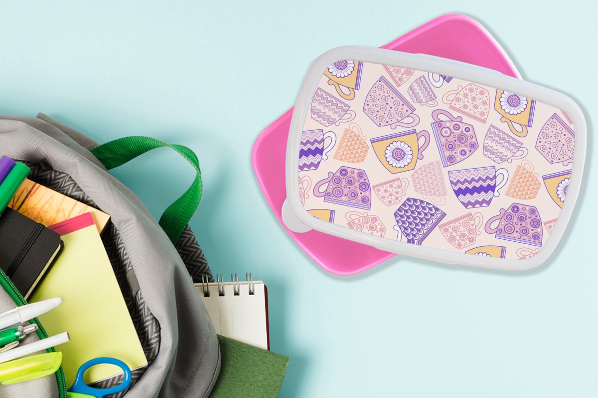 Mädchen, MuchoWow rosa Brotbox Brotdose (2-tlg), Tee, Lunchbox Muster - - Kunststoff, Kinder, Teetassen Snackbox, für Erwachsene, Kunststoff
