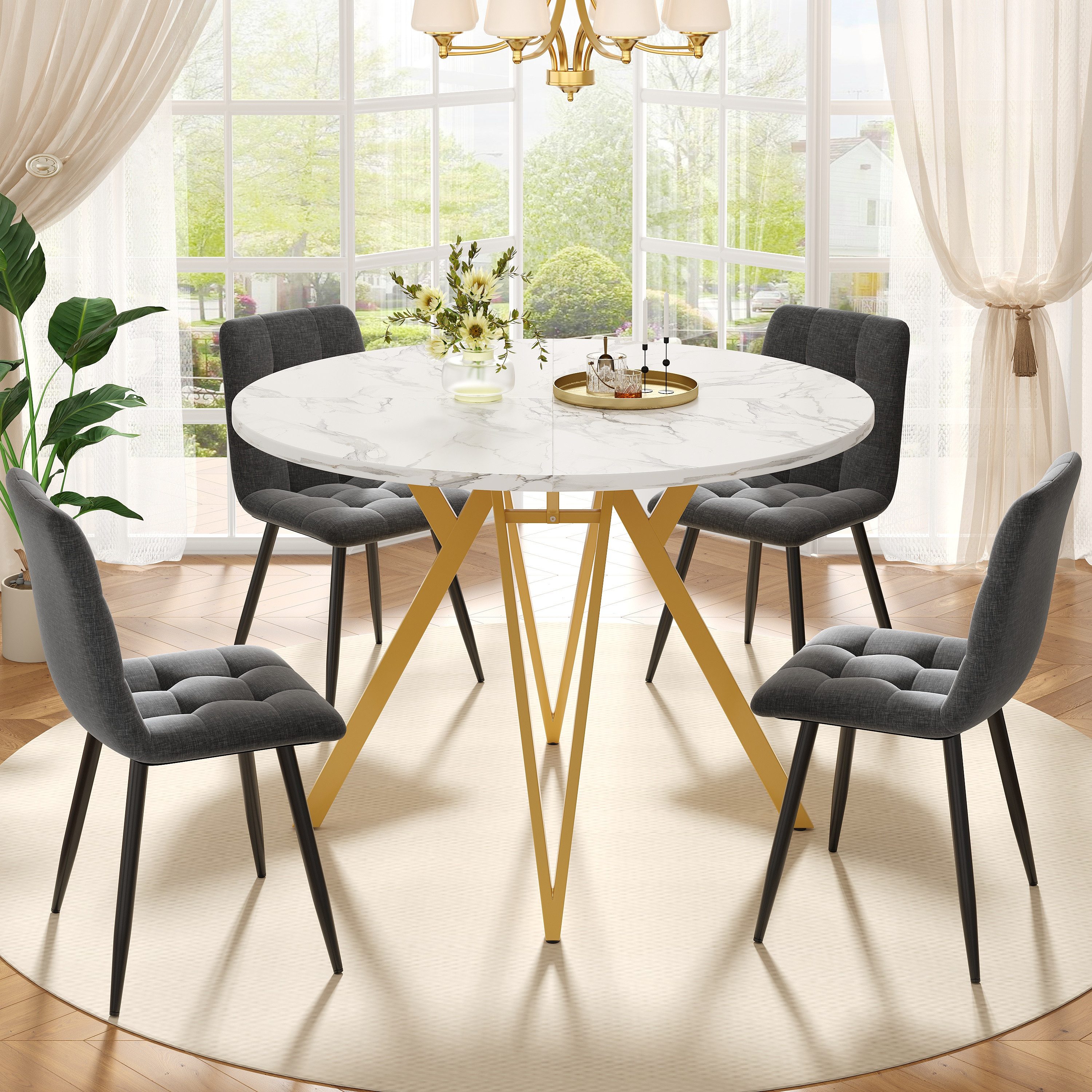 IDEASY Essgruppe Rundes Esstisch-Set 100cm mit 4 Stühlen & Marmor, Esstisch mit Stühlen