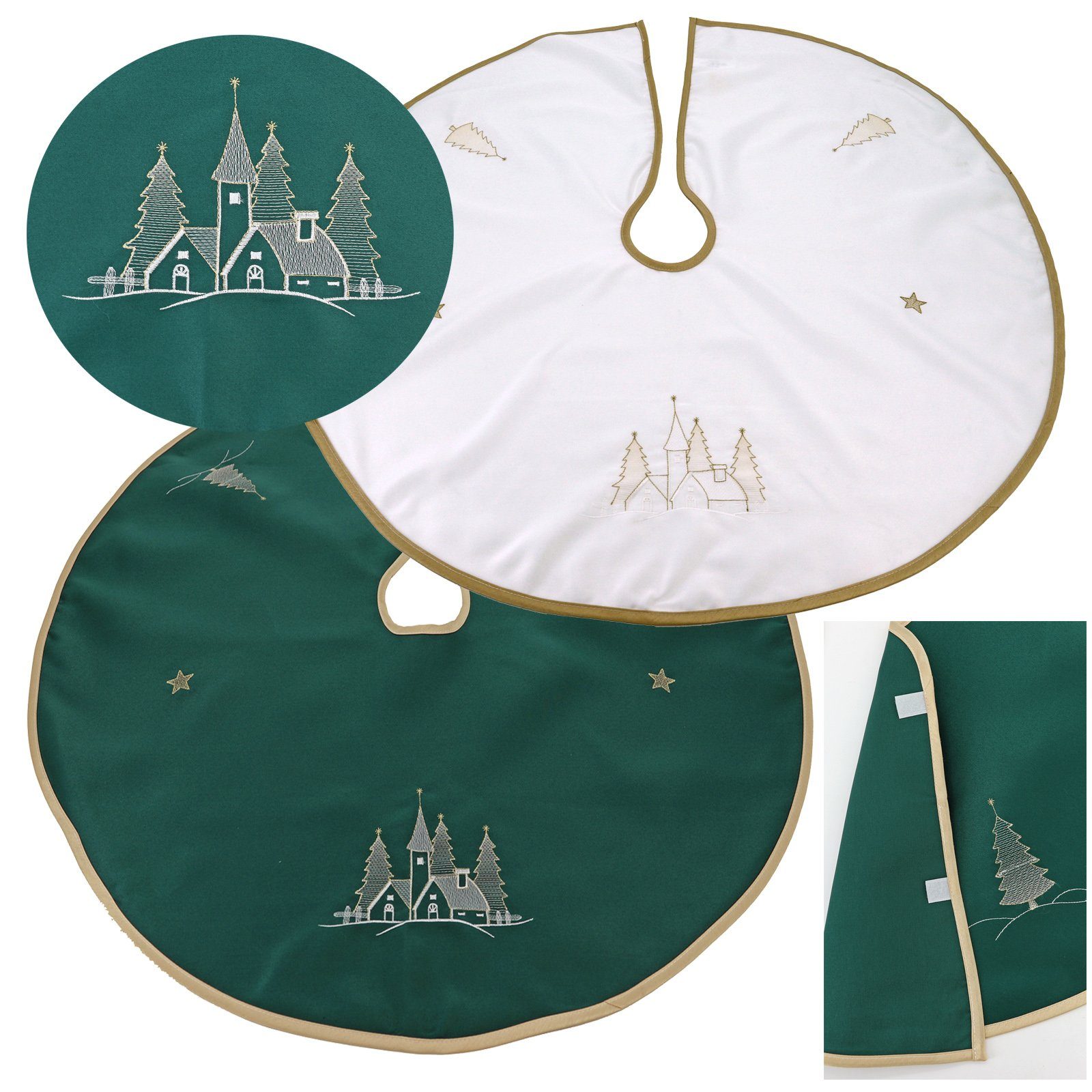 heimtexland Weihnachtsbaumdecke Weihnachtsdeko Baumschmuck Christbaumdecke Baumteppich (1-tlg), Weihnachtsbaum Deko gold bestickt Baumständer Schürze