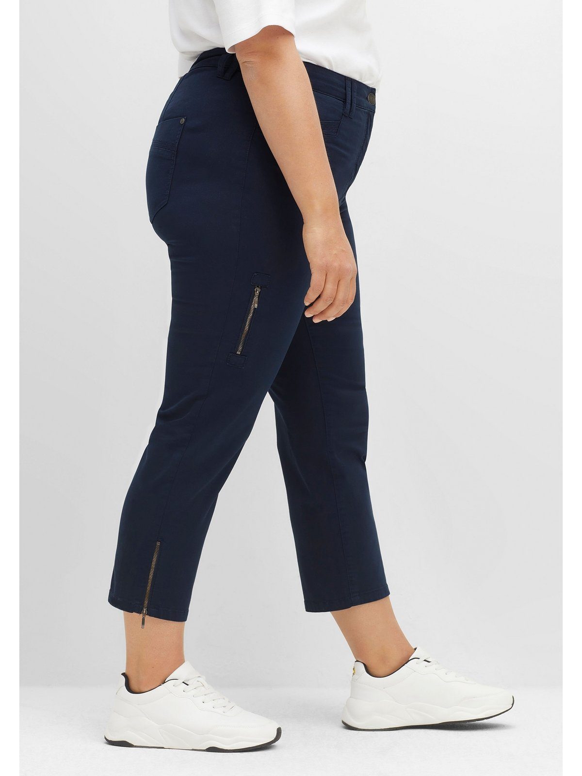 Stretch-Hose mit Größen Sheego Baumwoll-Twill nachtblau Große Zipper-Details aus