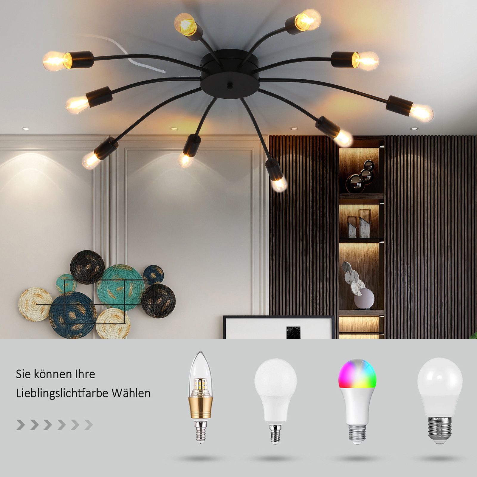 Deckenleuchte mit Design Deckenleuchte E27-Sockel, Wohnzimmer Deckenleuchte Deckenlampe Lichter Spinne Deckenlampe Beleuchtung 10 wechselbar, LED Fassungen, ohne mit Schwarz Vintage Leuchte LETGOSPT Glühbirne