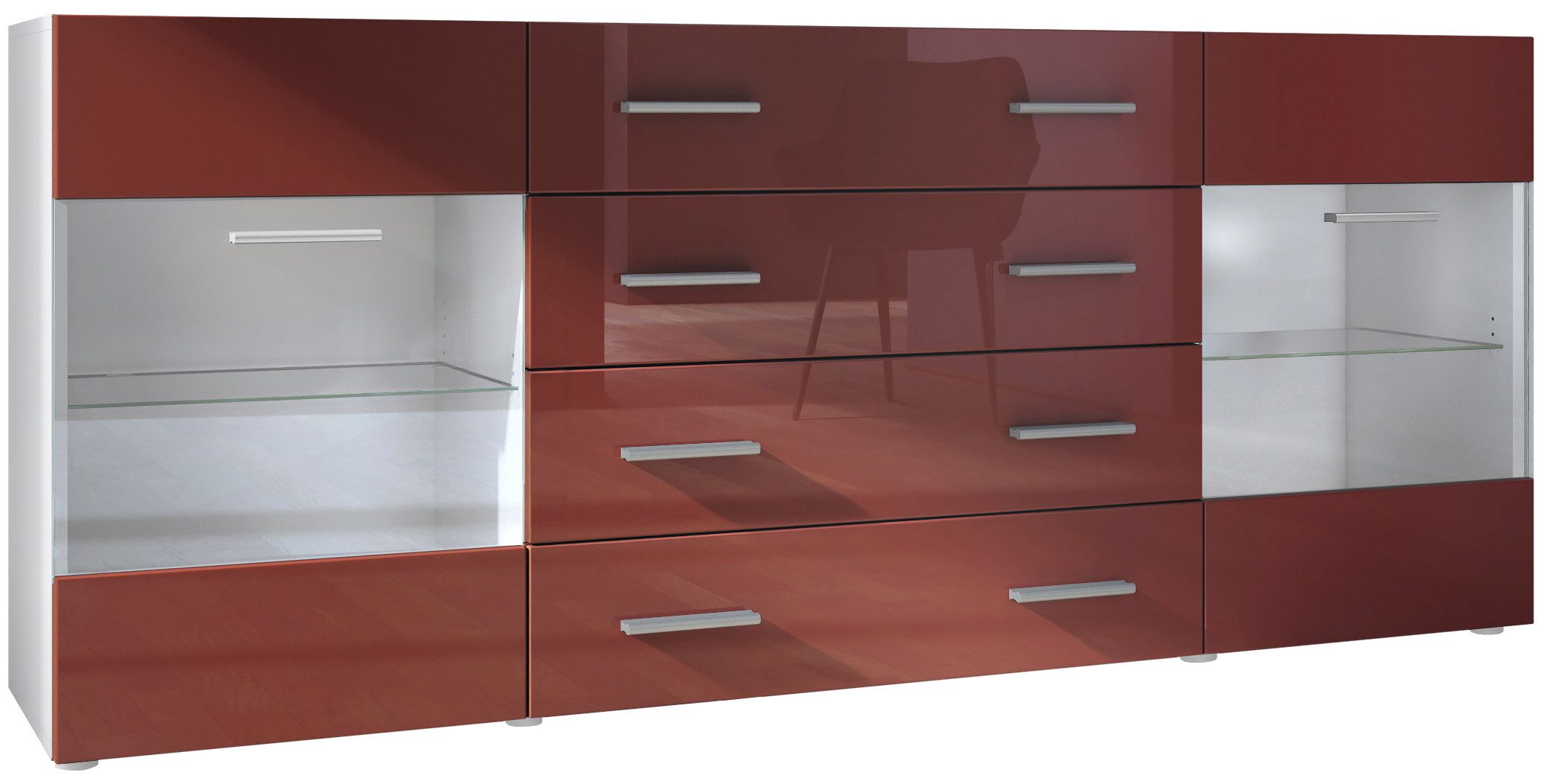 Vladon Sideboard Carlos V2 (Kommode mit 2 Türen, 4 Schubladen und 2 flexible Glaseinlegeböden), Weiß matt/Bordeaux Hochglanz (166 x 72 x 35)