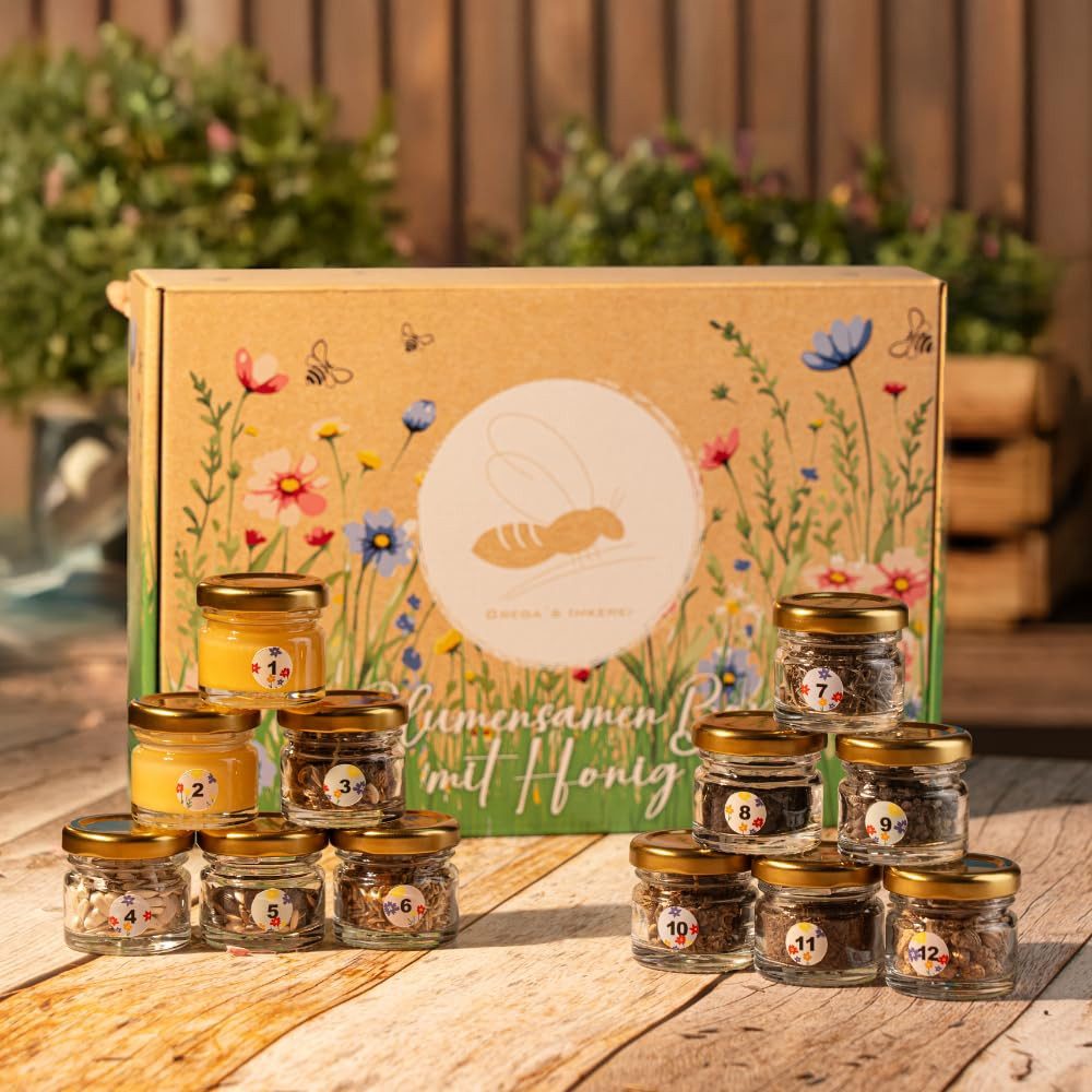 Grega´s Imkerei Blumensamen Blumensamenbox mit Honig Geschenkset 12-teilig, für Bienen, Schmetterlinge & co. Inkl. 2 Honige, 10 Saaten & Buch