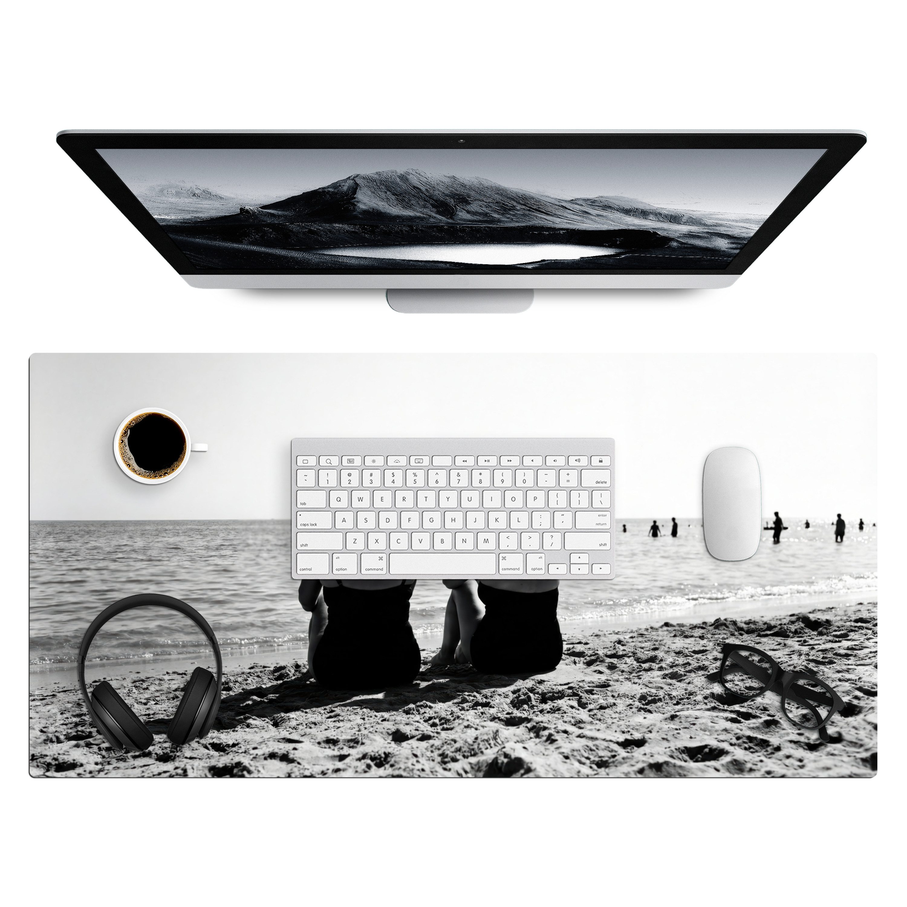 MuchoWow Gaming Mauspad Frauen - Sonnenhut - Strand - Schwarz - Weiß (1-St), Gaming Mauspad XXL, Schreibtischunterlage, Desk Mat Groß, 80x40 cm