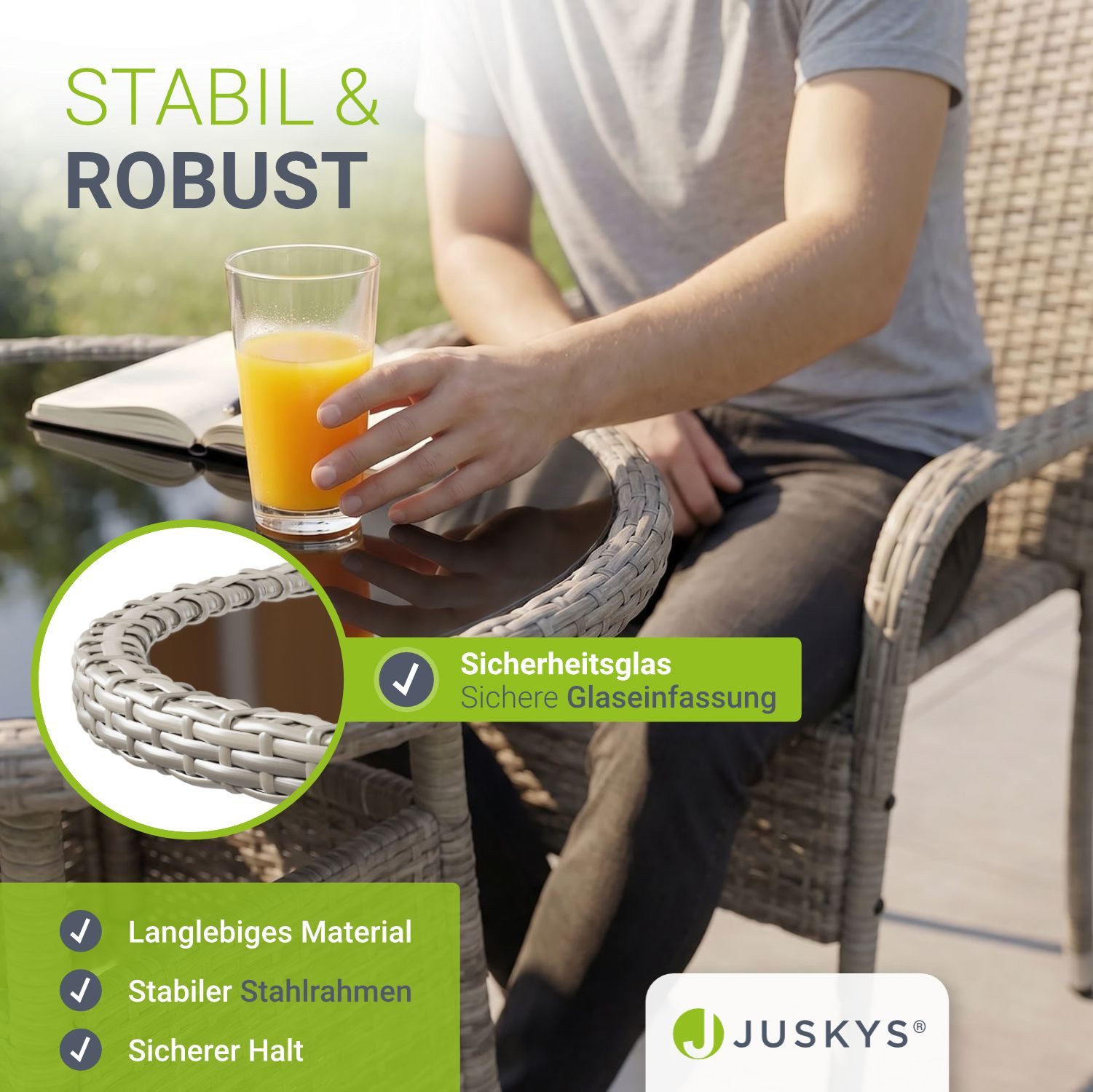 Juskys Gartentisch Yoro, rund, aus Polyrattan, wetterfest & langlebig, pflegeleicht