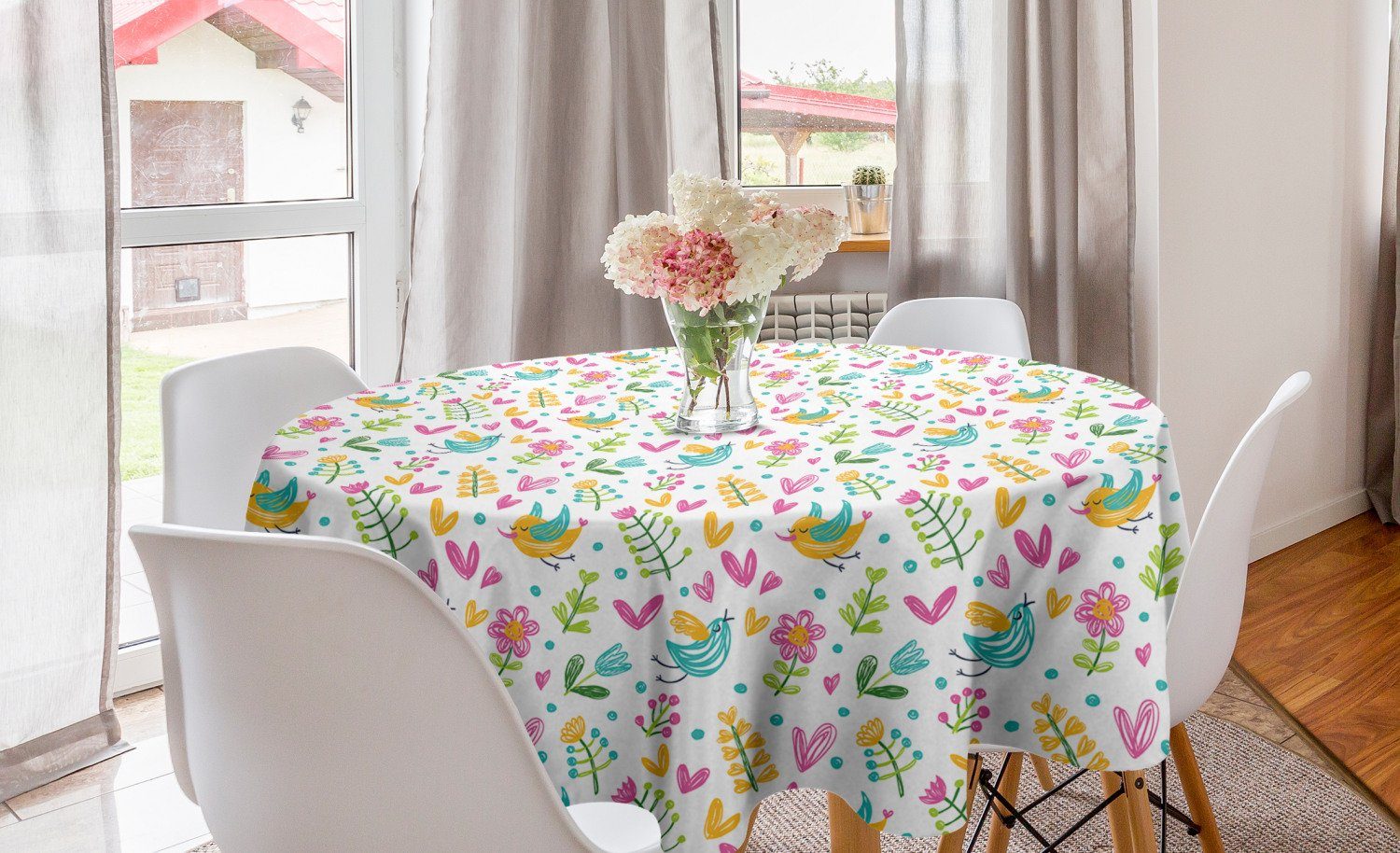 mit Abakuhaus Vögeln Gekritzel Childish Esszimmer Kreis Abdeckung Tischdecke für Dekoration, Tischdecke Küche Doodle