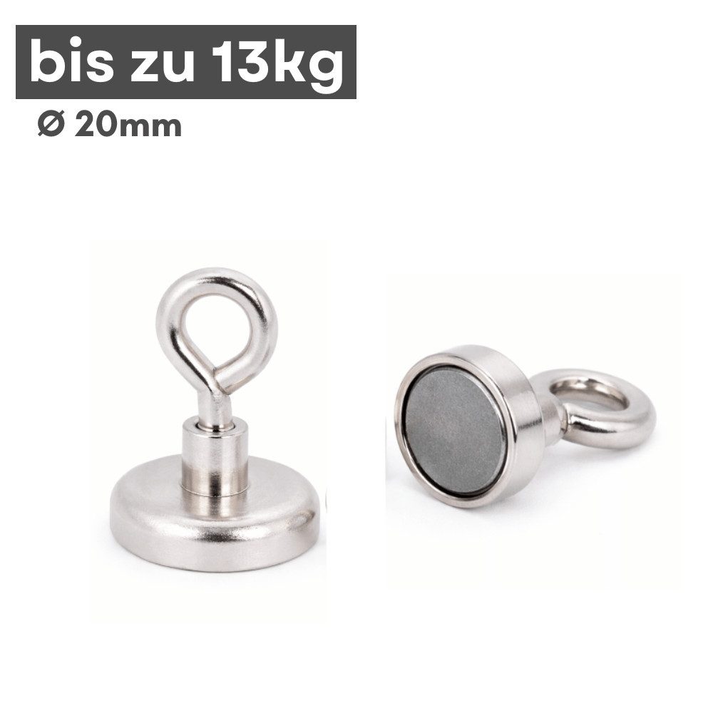 Magnet Magnethaken Ø20 mm Neodym Magnet M4 Topfmagnet mit Öse 13 kg