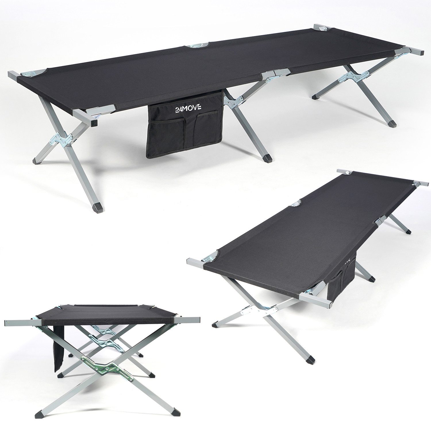 24Move Feldbett Feldbett, Gartenliege, Campingbett bis 200 kg, klappbar, zelten (schwarz, wasserabweisend, inkl. Seitentasche, 210 cm x 72 cm x 45 cm, inkl. Tragetasche für einfachen Transport)