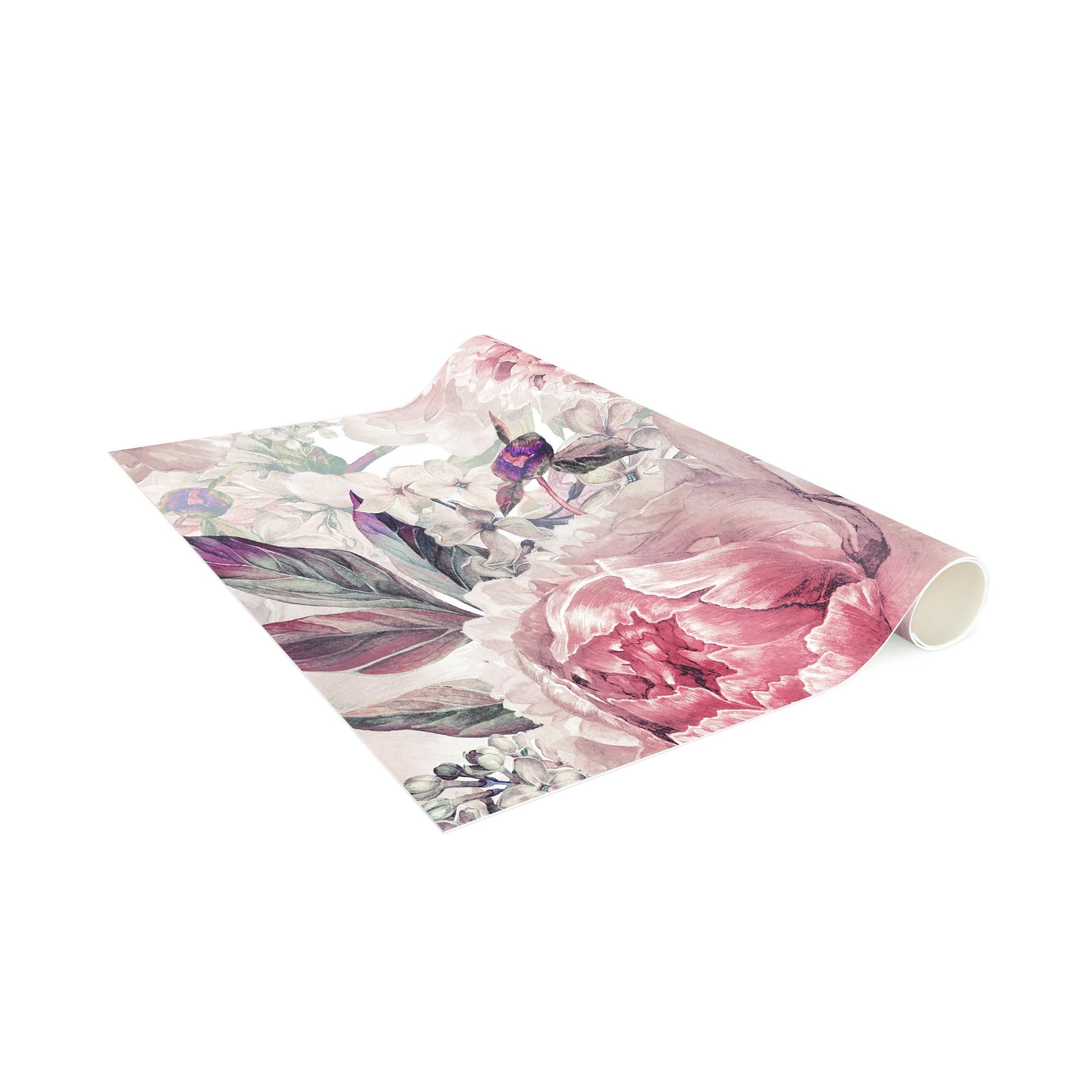 Bilderdepot24 Teppich Teppich Vinyl Flur Küche Blumen Landhaus funktional lang, Läufer - rosa glatt, nass wischbar (Schmutz, Tierhaare) Saugroboter & Bodenheizung geeignet