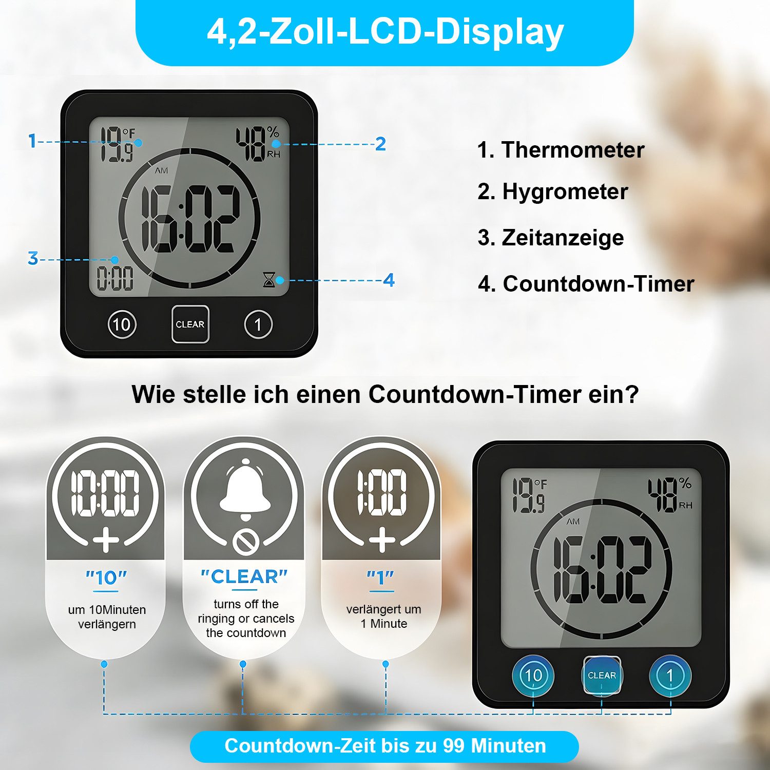 AIMAX Badezimmeruhr Duschuhr mit Saugnapf LCD Display Countdown Timer Für Dusche Küche (Luftfeuchtigkeit Temperatur Wanduhren Funkwanduhr Wecker Wasserdichte) – Bild 3 von 5