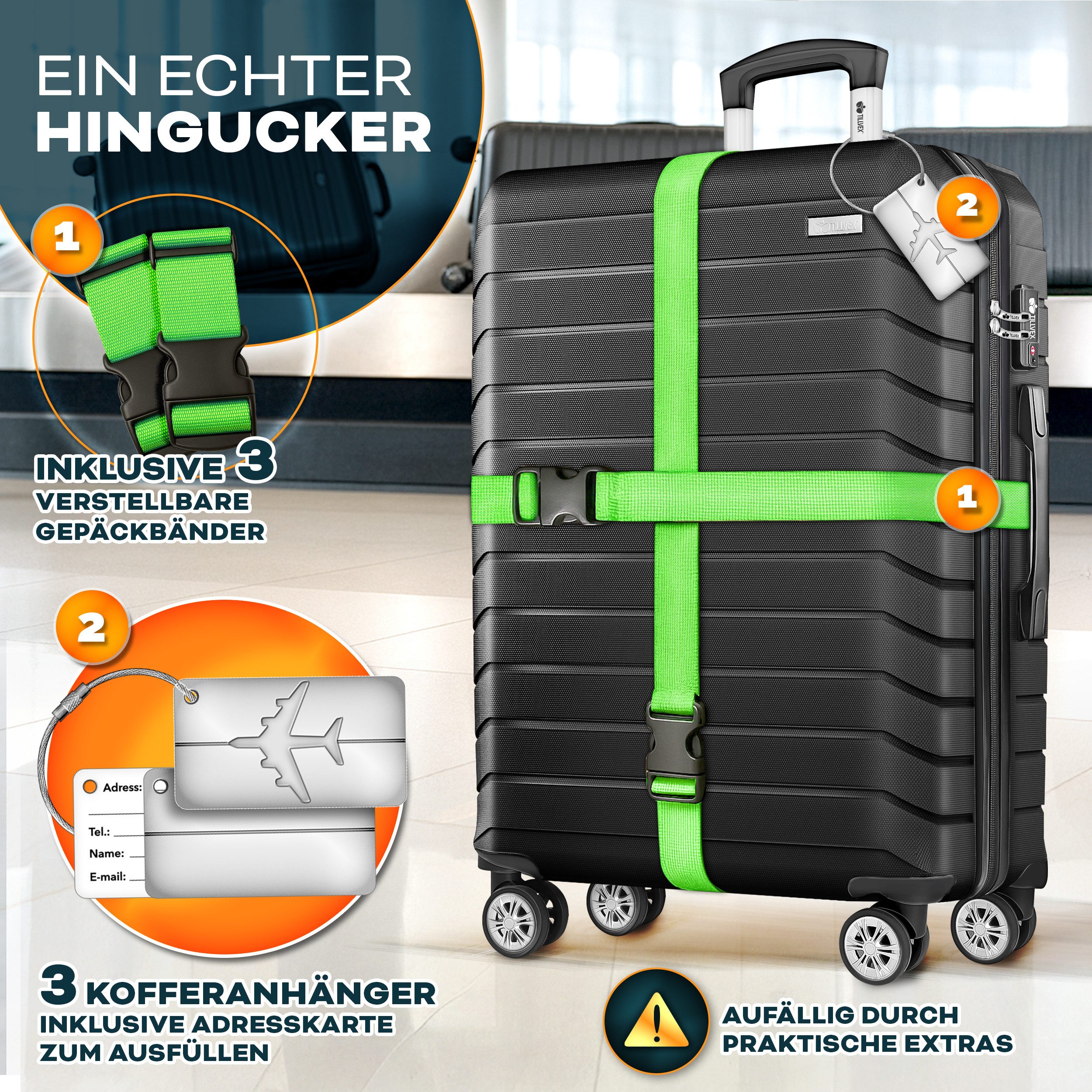 tillvex Trolleyset tillvex® Reisekoffer Set Koffer Hartschale Trolley Kofferset Tasche, (TSA Schloss Rollkoffer S-M-L-XL, 3 tlg., 4 Rollen Trolley Gepäck Koffer), Reisekoffer Set 3-TLG. + Gepäckwaage, 6X Gurte & 3X Anhänger Kofferset