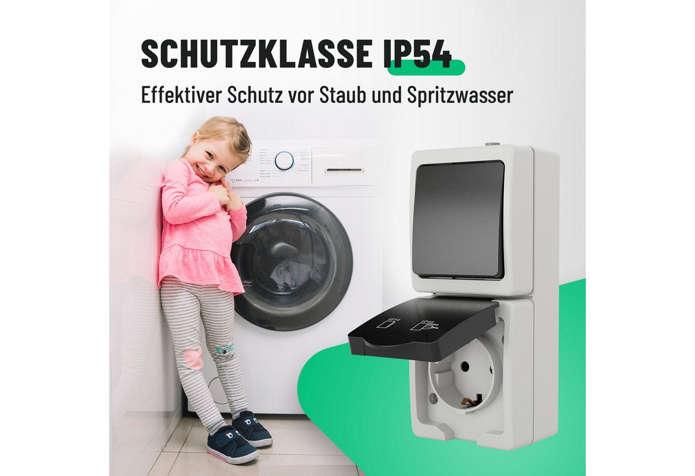 Thumbnail - ABSINA Lichtschalter Aufputzsteckdose & Aufputzschalter Kombination IP44 für Feuchtraum (1-St)