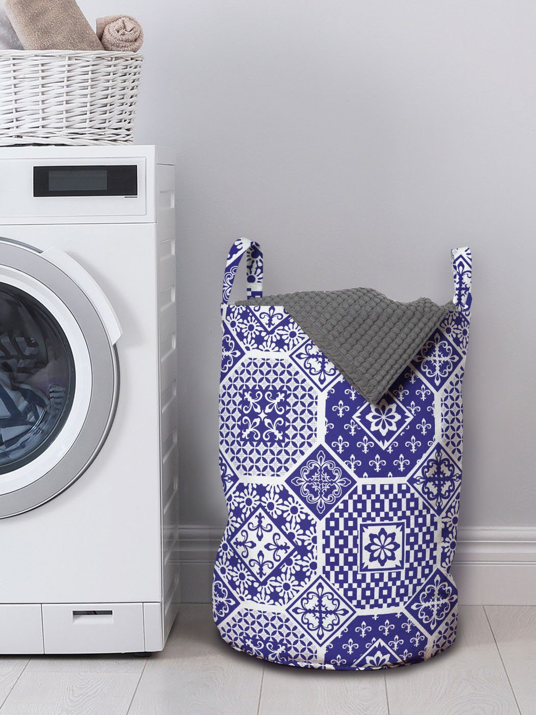 Abakuhaus Wäschesäckchen Wäschekorb mit Griffen Azulejo Blumen Motive Rhythmische Waschsalons, Kordelzugverschluss für