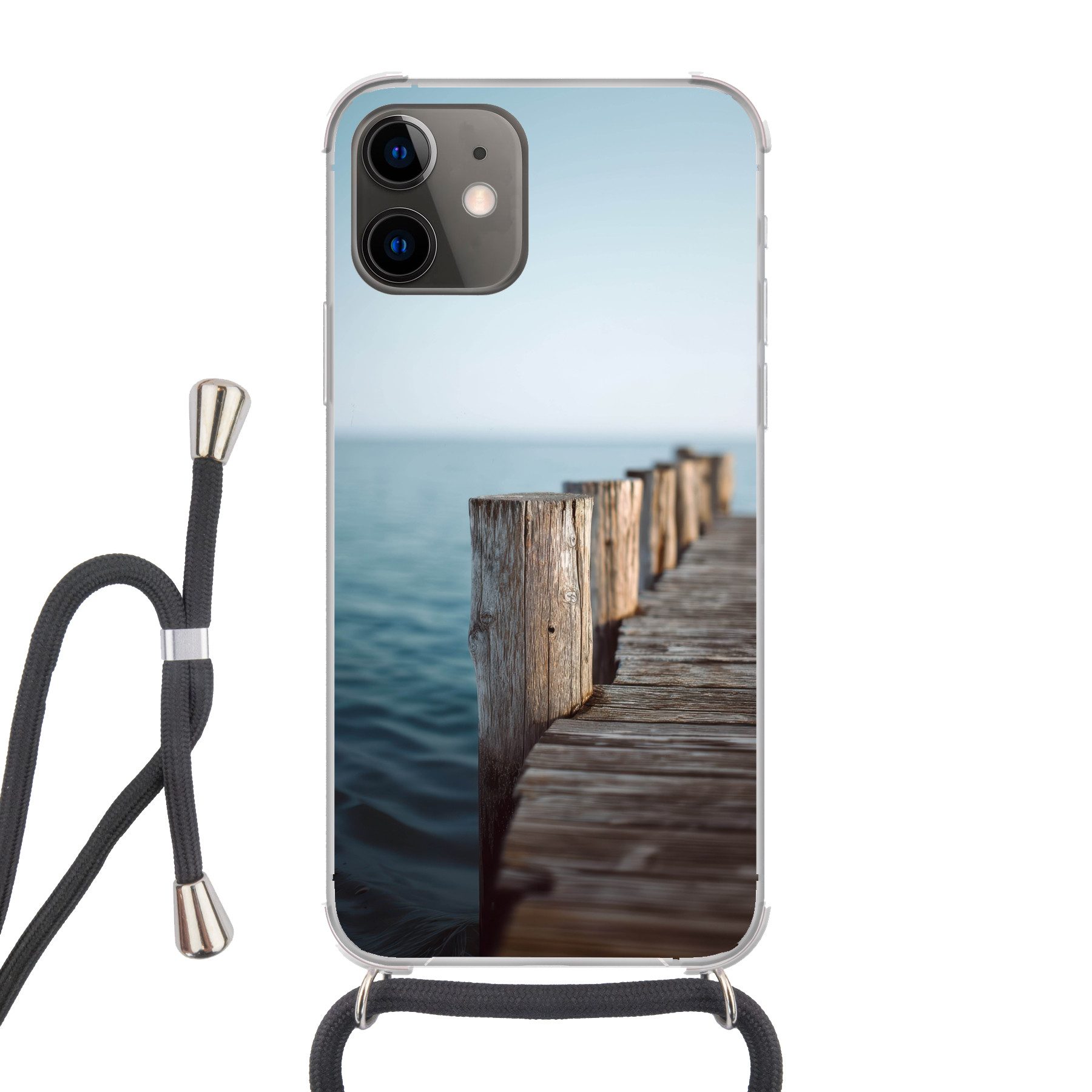 MuchoWow Handyhülle für Apple iPhone 11 Hölzernes Gerüst - Strahlend blauer Himmel, Tragbare Handyhüllen mit Kette zum umhängen, Handykette Handyband