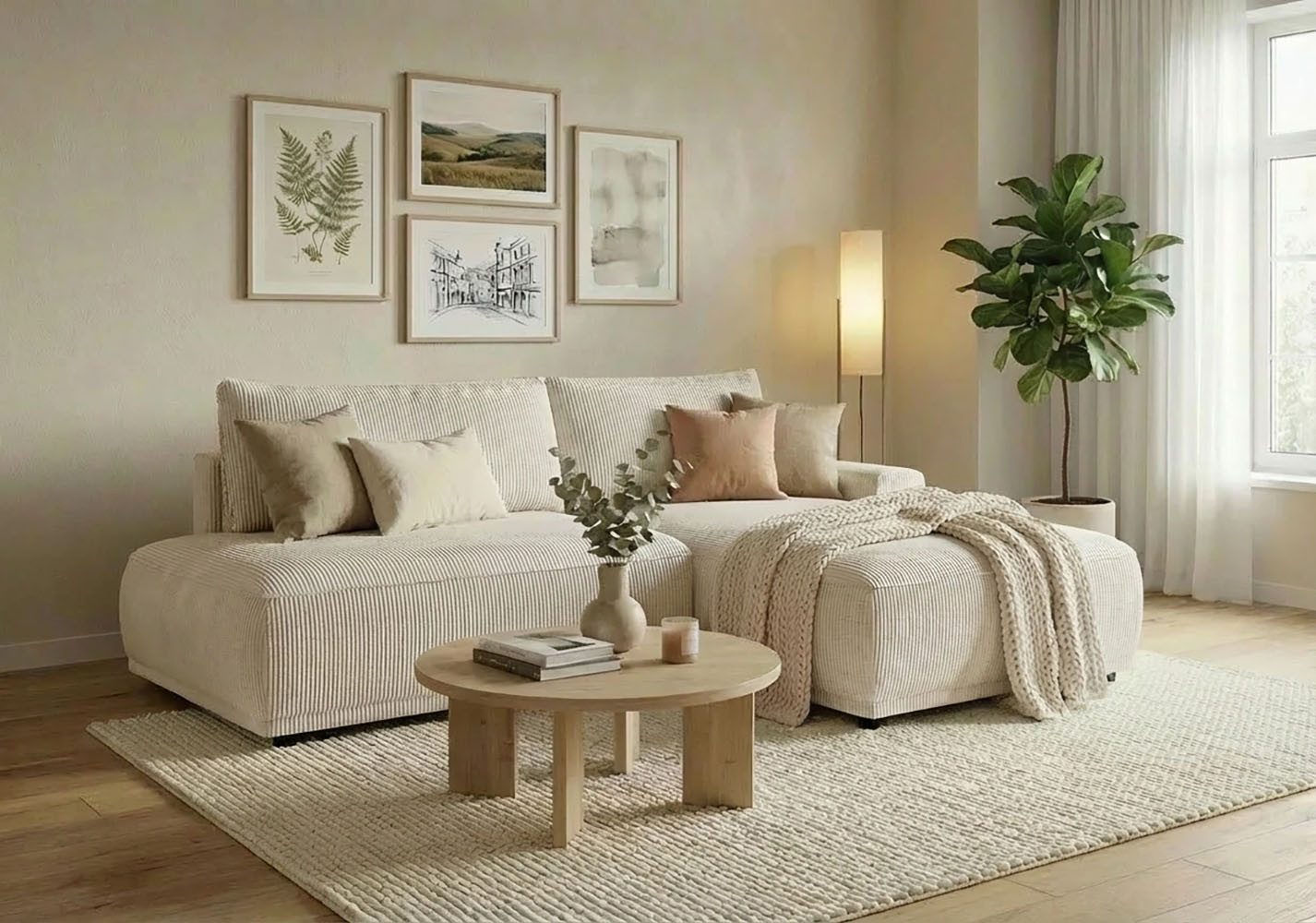TRENDMANUFAKTUR Ecksofa Fordon II, Schlafsofa mit Bettkasten, Couch in L-Form, Breite 250 cm, in Cordstoff HYPER, cream, Armlehne rechts