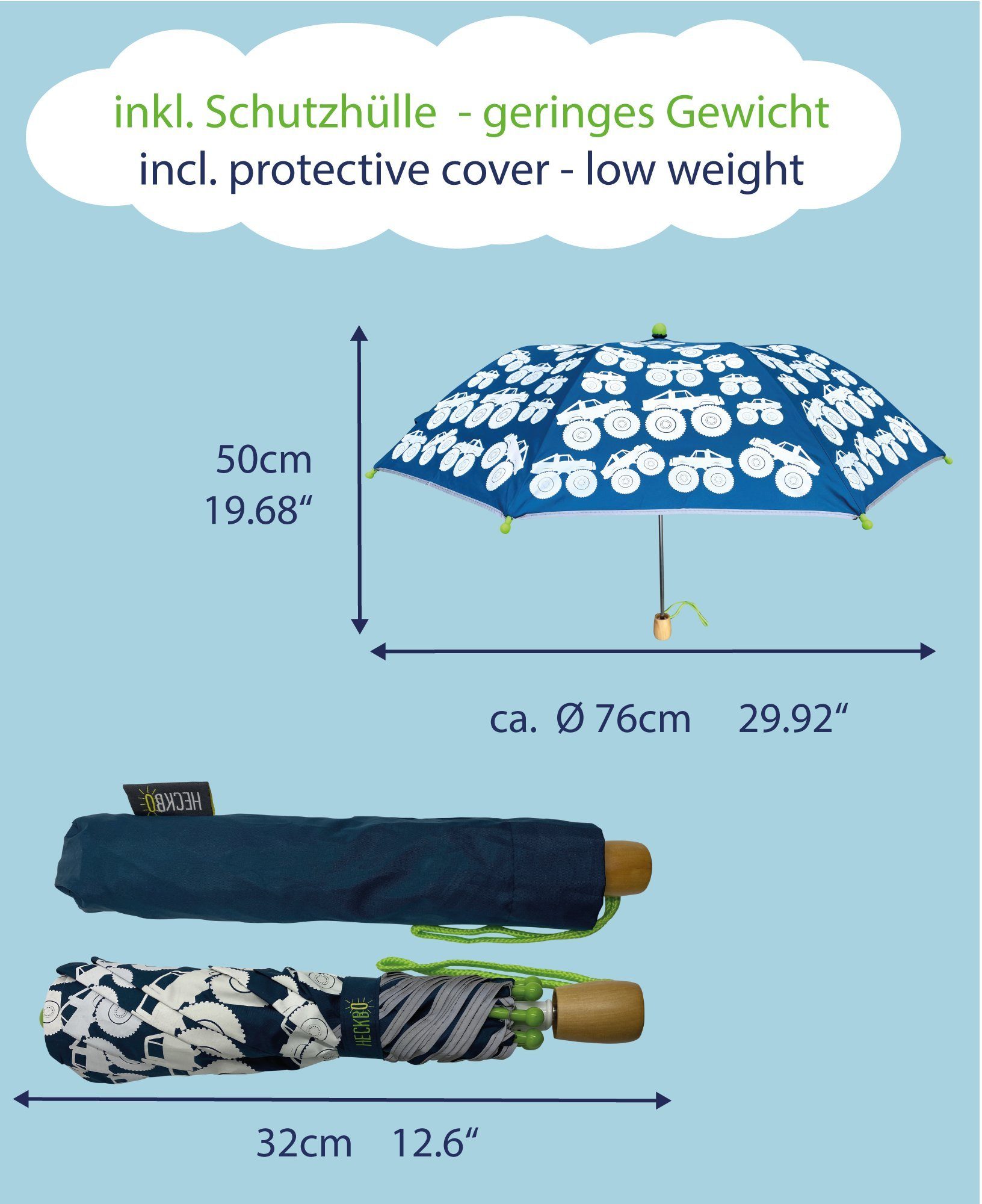 HECKBO Taschenregenschirm Magic Kinder Jungen Mädchen Regenschirm – wechselt bei Regen die Farbe – Faltregenschirm: passt in jeden Schulranzen – mit Reflektorstreifen an allen Seiten – Holzgriff, Schutzkappen & Schutzhülle