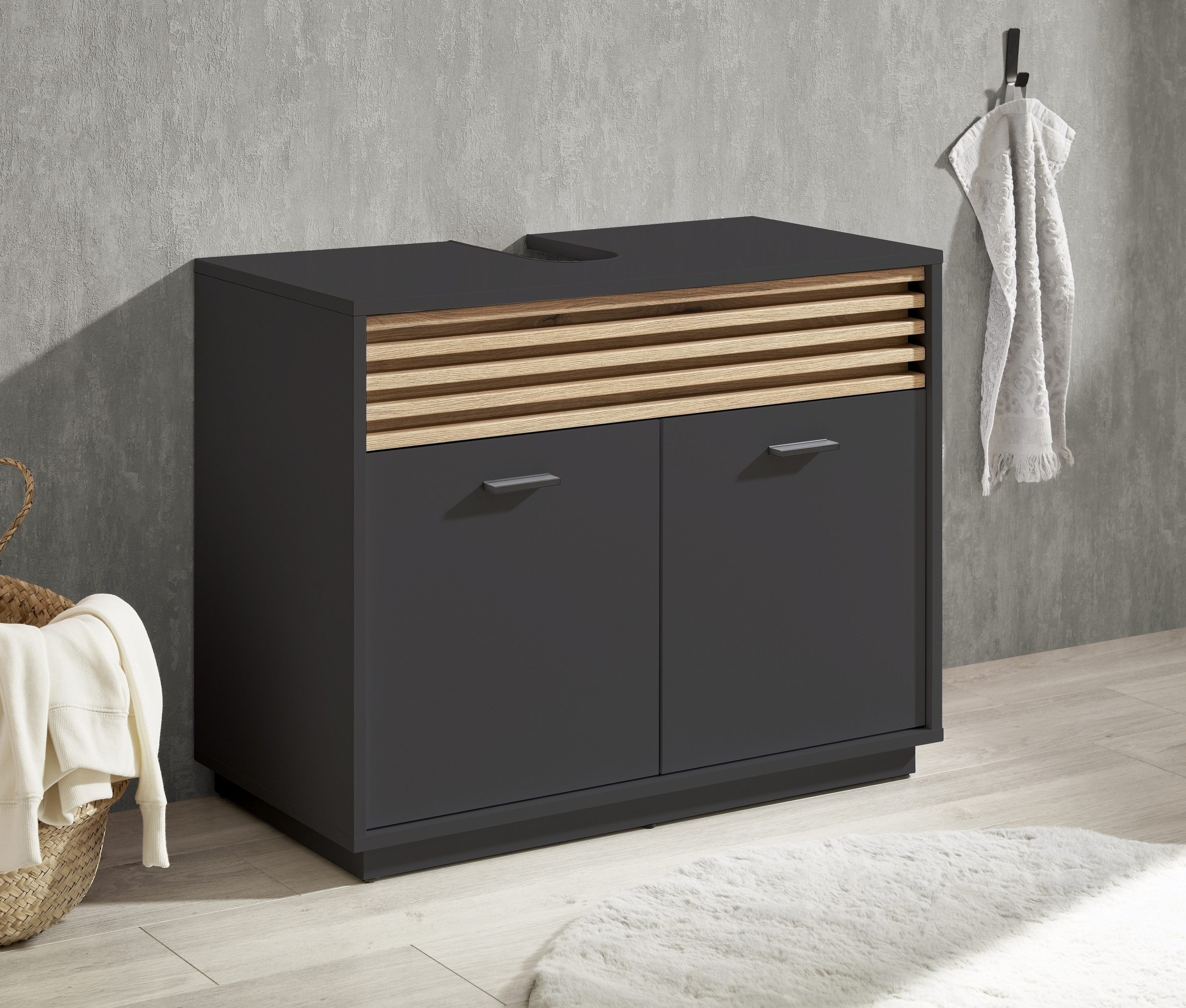 PREISBRECHER Waschbeckenunterschrank Liguria Anthrazit / Evoke Eiche Dekor - 80x64x40 (BxHxT)