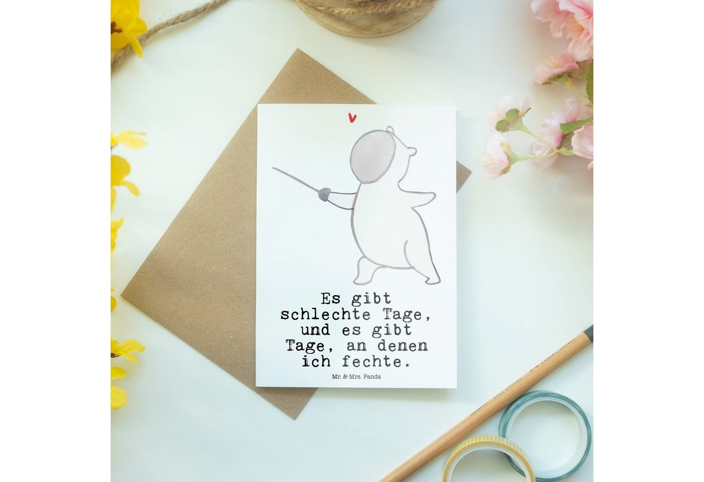 Thumbnail - Mr. & Mrs. Panda Grußkarte Panda Fechten - Weiß - Geschenk, Glückwunschkarte, Grußkarte, Fecht C, Herzberührende Sprüche