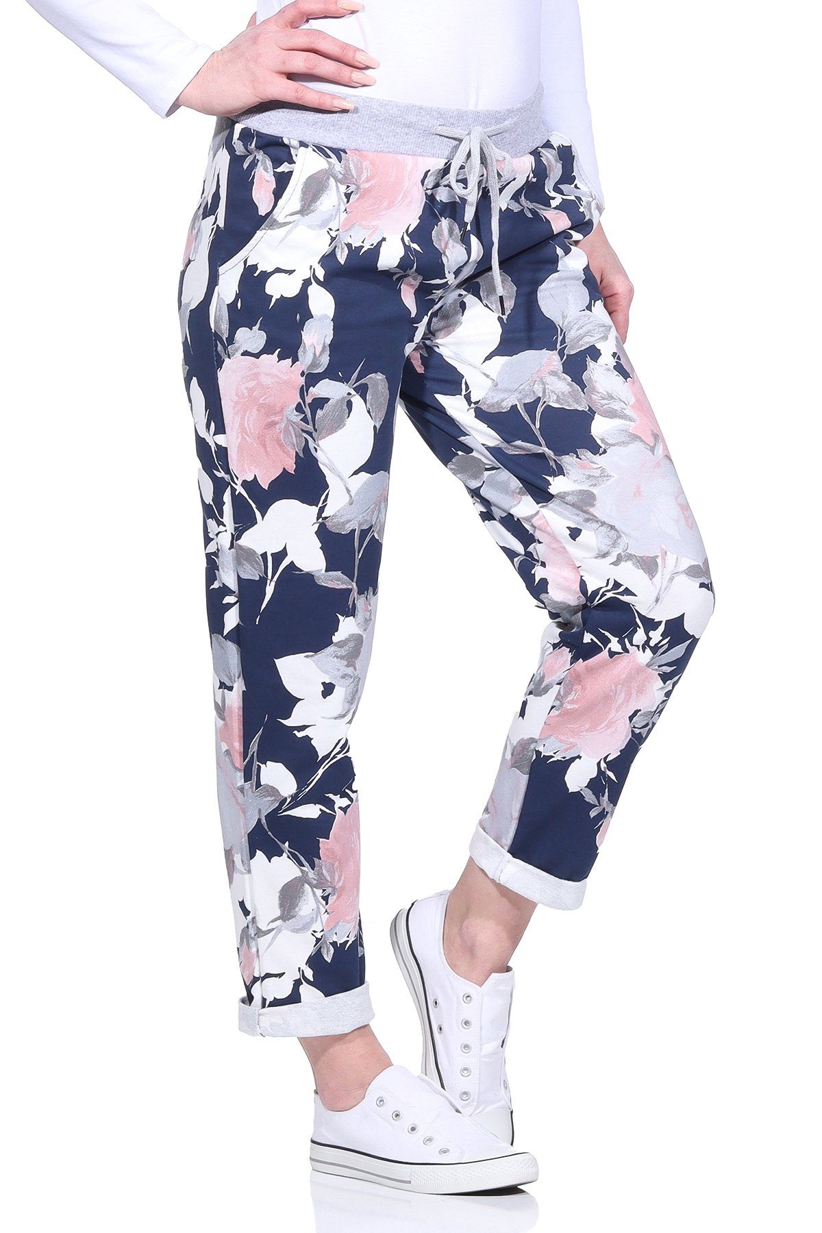 Aurela Damenmode Jogginghose Freizeithose sommerliche Haushose leichte Jogginghose mit elastischem Bund und Schnürung Marine mit Blumen