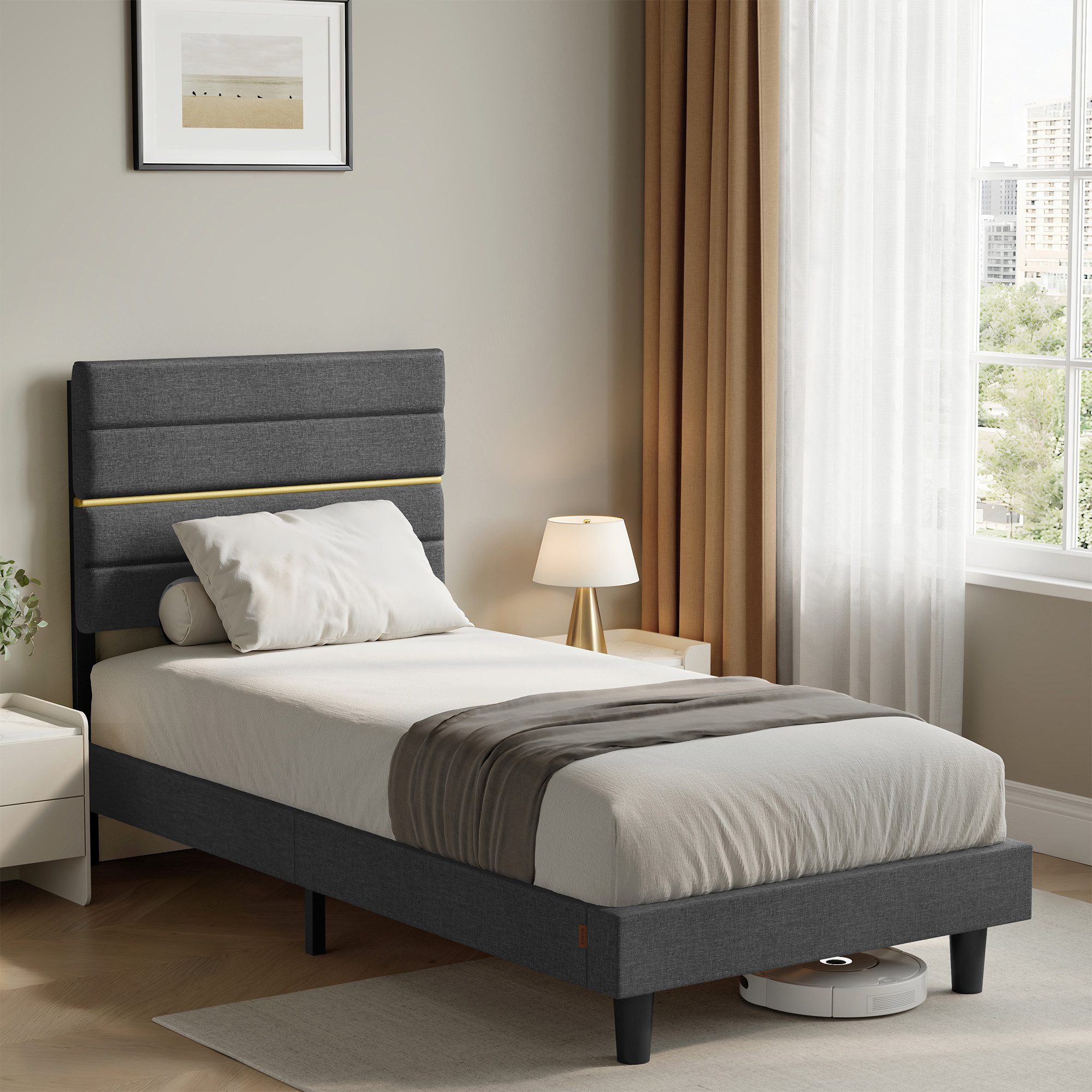 VASAGLE Polsterbett Doppelbettgestell verstellbares gepolstertes Kopfteil, Polsterbett und Matratze Set, mit Stauraum 140x200 cm – Bild 2 von 5