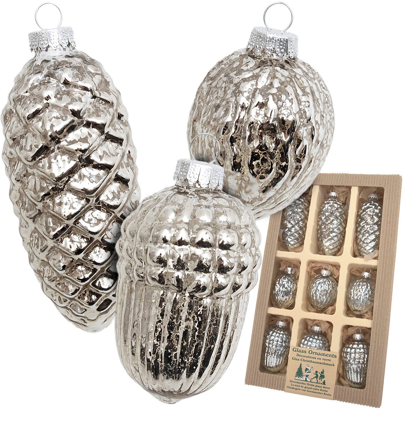Krebs Glas Lauscha Christbaumschmuck Antikes Glas Nüsse & Zapfen (9-tlg), Christbaumschmuck aus Glas, mundgeblasen, handgefertigt, Zapfen