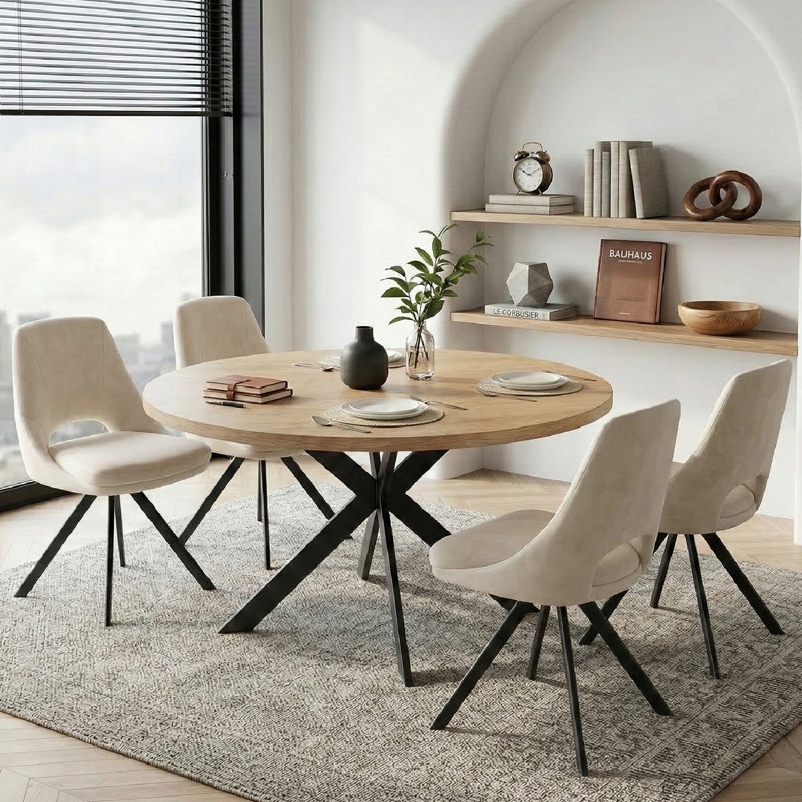 Jiexi Essgruppe Tisch- und Stuhlset, Runder Esstisch (115×75 cm) mit 4 Stühlen