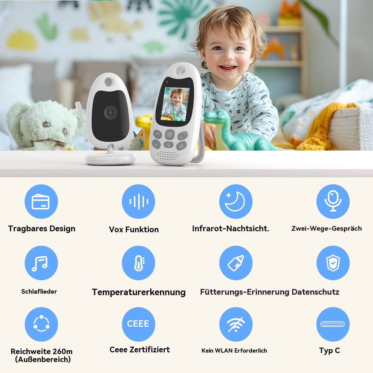 Avylet Babyphone Tragbares Video Baby Monitor Babyphone mit Kamera mit Halterung, Babyfon mit Kamera 2'' Video Baby Monitor Kamera und Audio, 1-tlg., mit VOX Funktion Gegensprechfunktion Nachtsicht Temperaturüberwachung, für Zuhause unterwegs,Eltern Babys Kita Senioren und Patienten