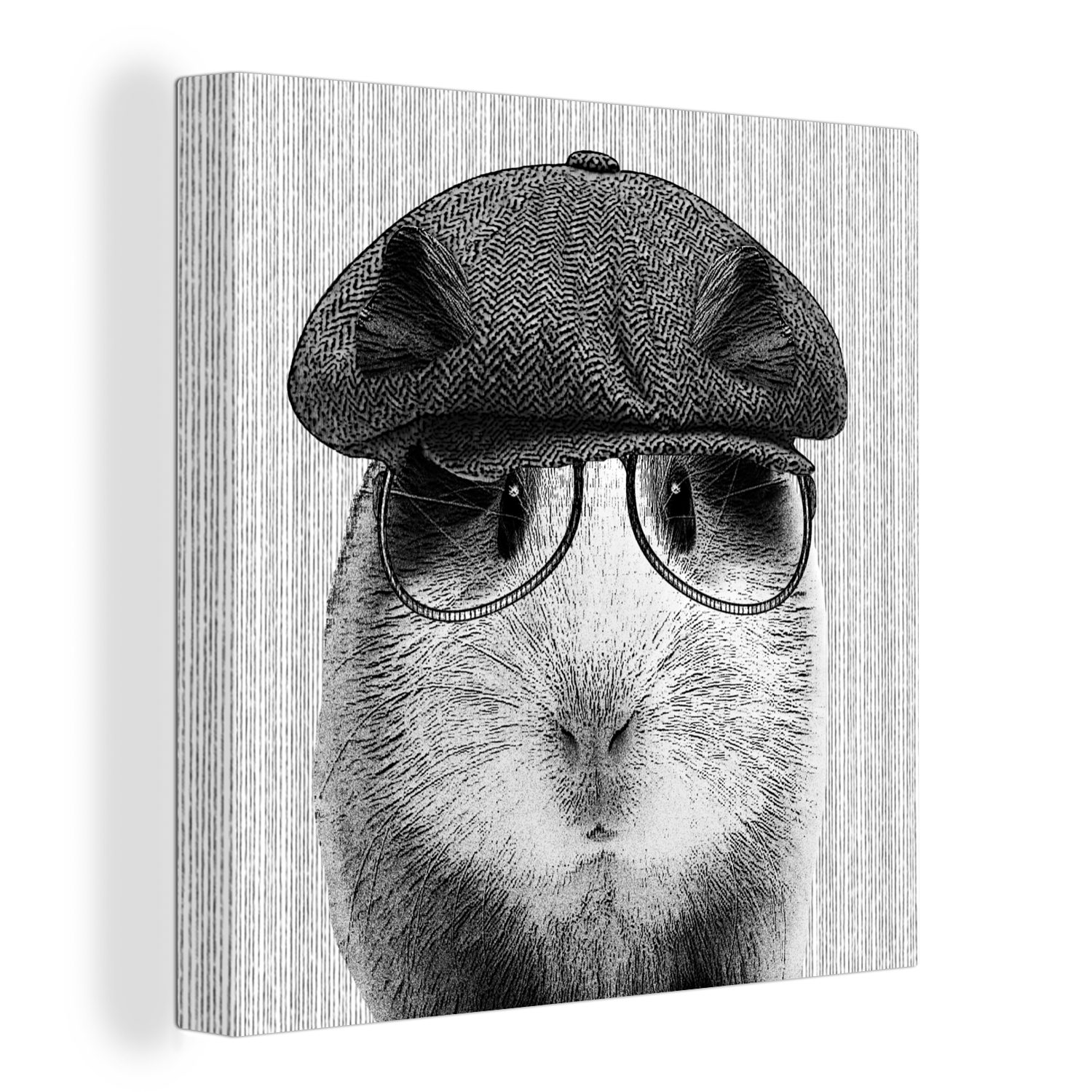 OneMillionCanvasses® Leinwandbild Meerschweinchen - Baskenmütze - Brille - Hipster, (1 St), Leinwand Bilder für Wohnzimmer Schlafzimmer