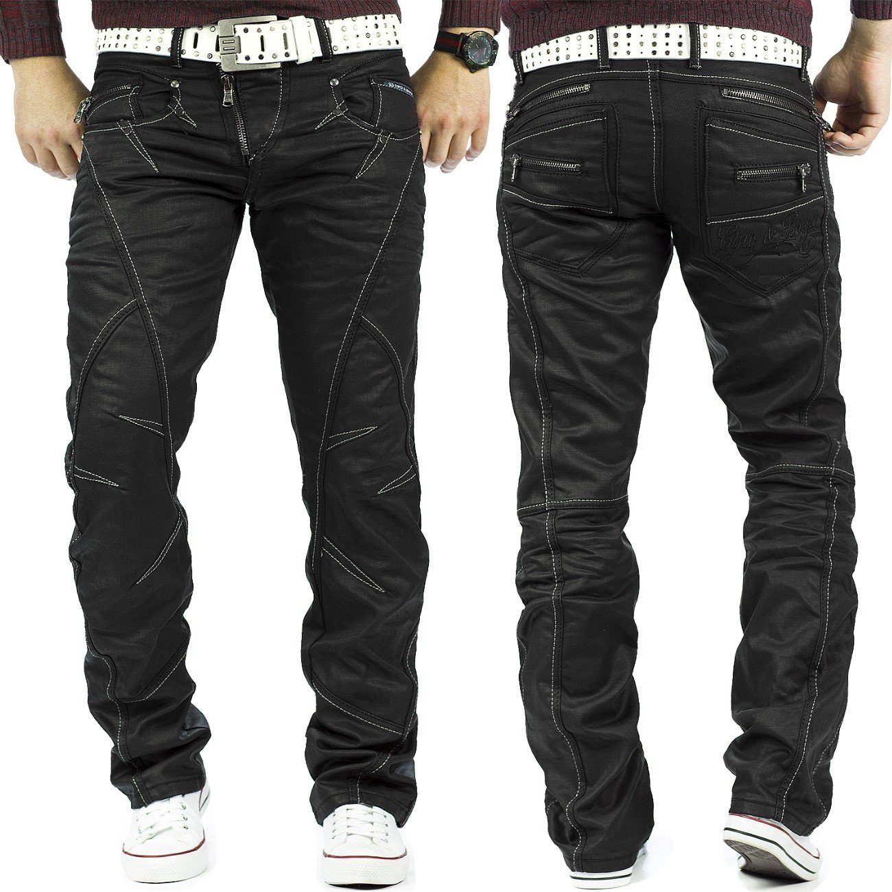 Herren Jeans Cipo & Baxx 5-Pocket-Jeans Herren Hose BA-C0812 Gewachste schwarze Bikerjeans