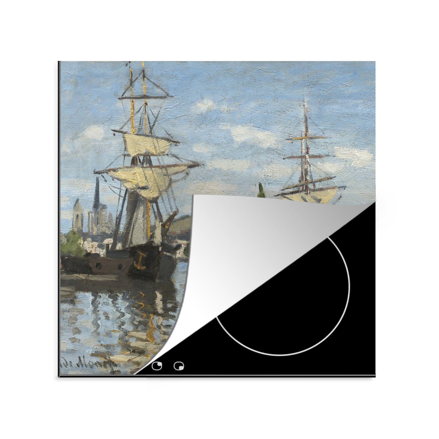 MuchoWow Herdblende-/Abdeckplatte Segelschiffe auf der Seine bei Rouen - Claude Monet, Vinyl, (1 tlg), 78x78 cm, Ceranfeldabdeckung, Arbeitsplatte für küche | Herdabdeckplatten