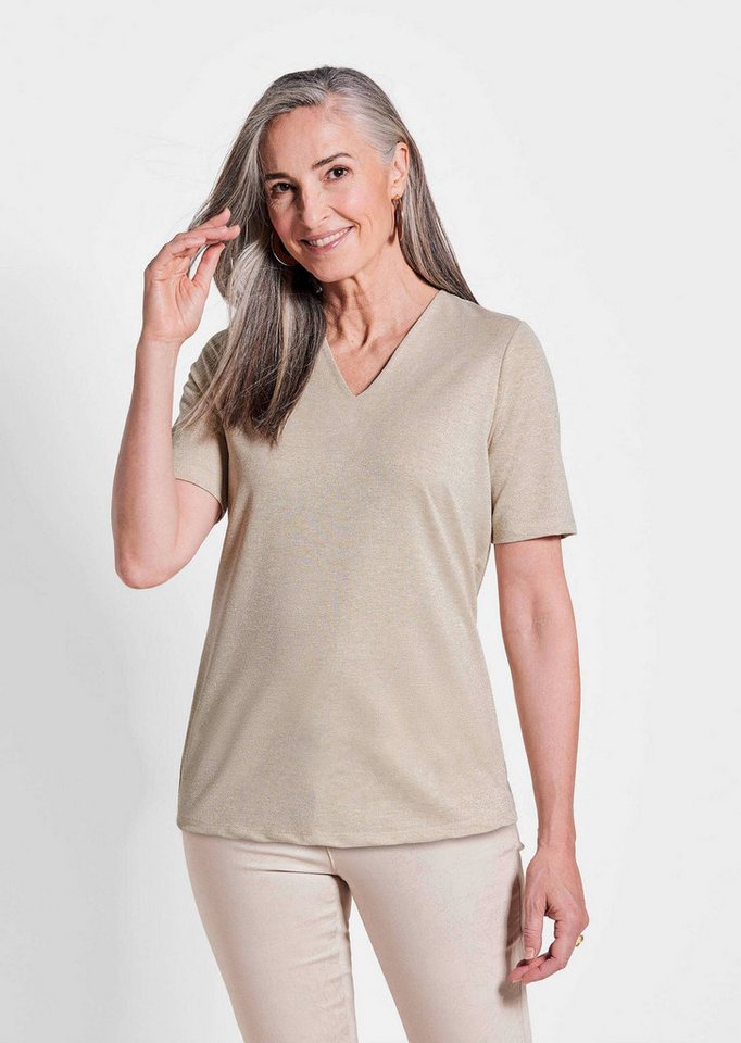 GOLDNER T-Shirt Braunes Halbarm-Shirt mit Glanzeffekt Viskoseshirt, V-Ausschnitt, weich fallend, edel glänzend