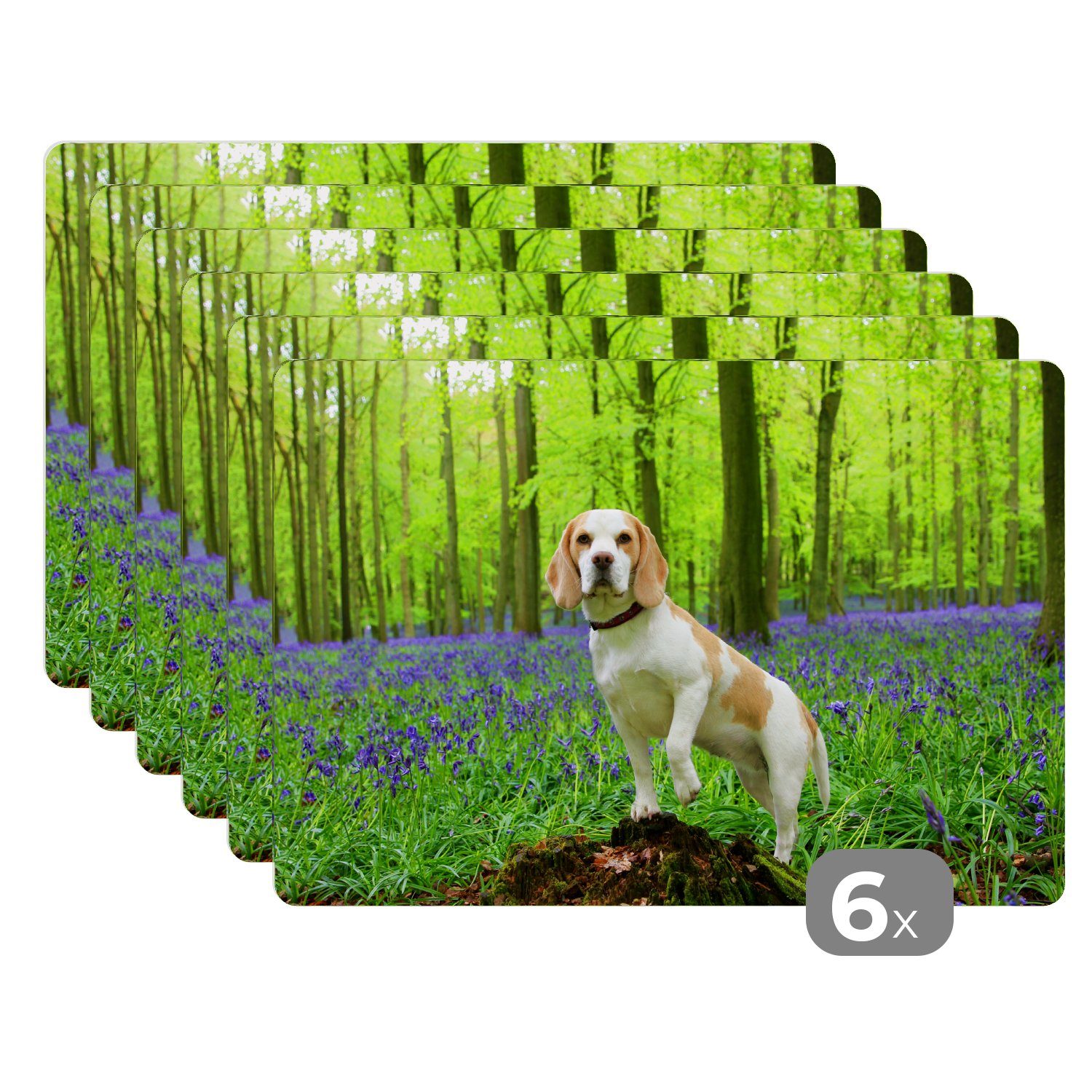 Platzset, Ein Beagle in einem bunten Wald, MuchoWow, (6-St), Platzset, Platzdecken, Platzmatte, Tischmatten, Schmutzabweisend