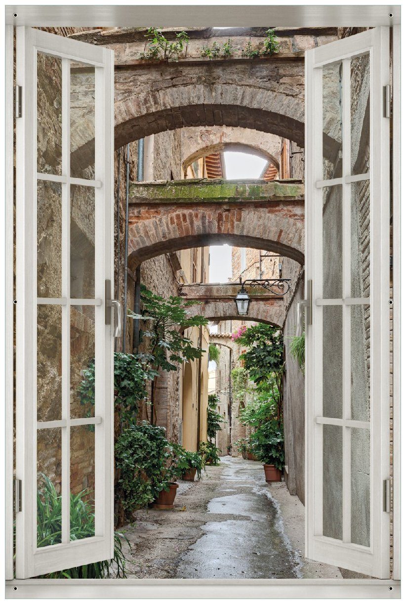 Wallario Sichtschutzzaunmatten Grüne italienische Gasse - mit alten Bögen, mit Fenster-Illusion
