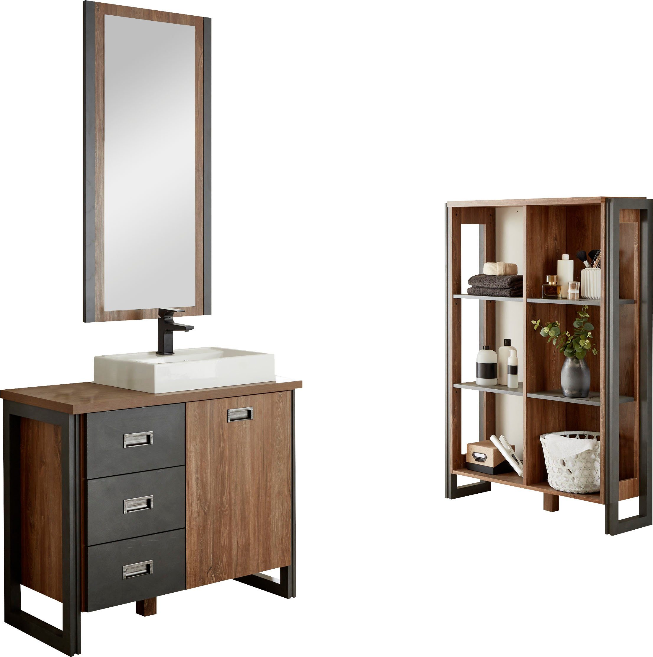 Home affaire Badmöbel-Set Detroit, Bad im Industrialdesign, 3-teiliges Badezimmer, (Set, 3-St), Waschtisch, Regal & Spiegel, inkl. Aufsatzwaschbecken aus Mineralguss