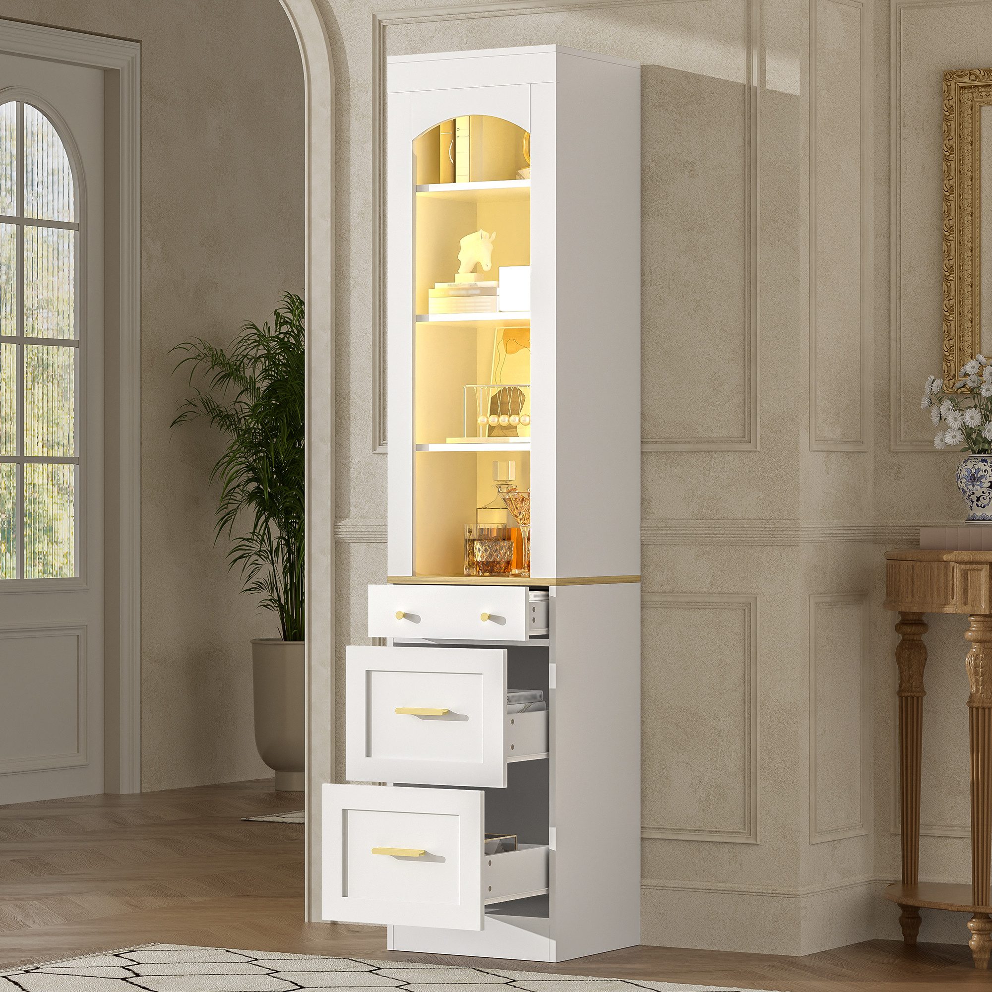 Flieks Hochschrank Standvitrine Bücherregal mit LED-Beleuchtung, 3 Schubladen, 4 Fächern (40x35x180,5 cm, 1-St., verstellbare Einlegeböden) …