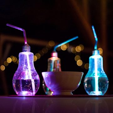 HAC24 Cocktailglas 4er Set LED RGB Trinkglas Glühbirne Partyglas Party Cocktail Glas Longdrinkgläser Blinkend, Kunststoff, Beleuchtet, 400 ml, mit Deckel und Strohhalm