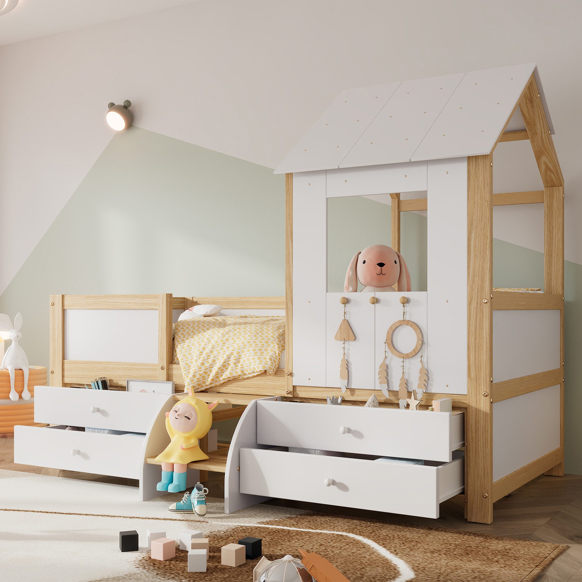 Flieks Etagenbett, Hochbett Hausbett 90x200cm mit 4 Schubladen und kleine Treppe