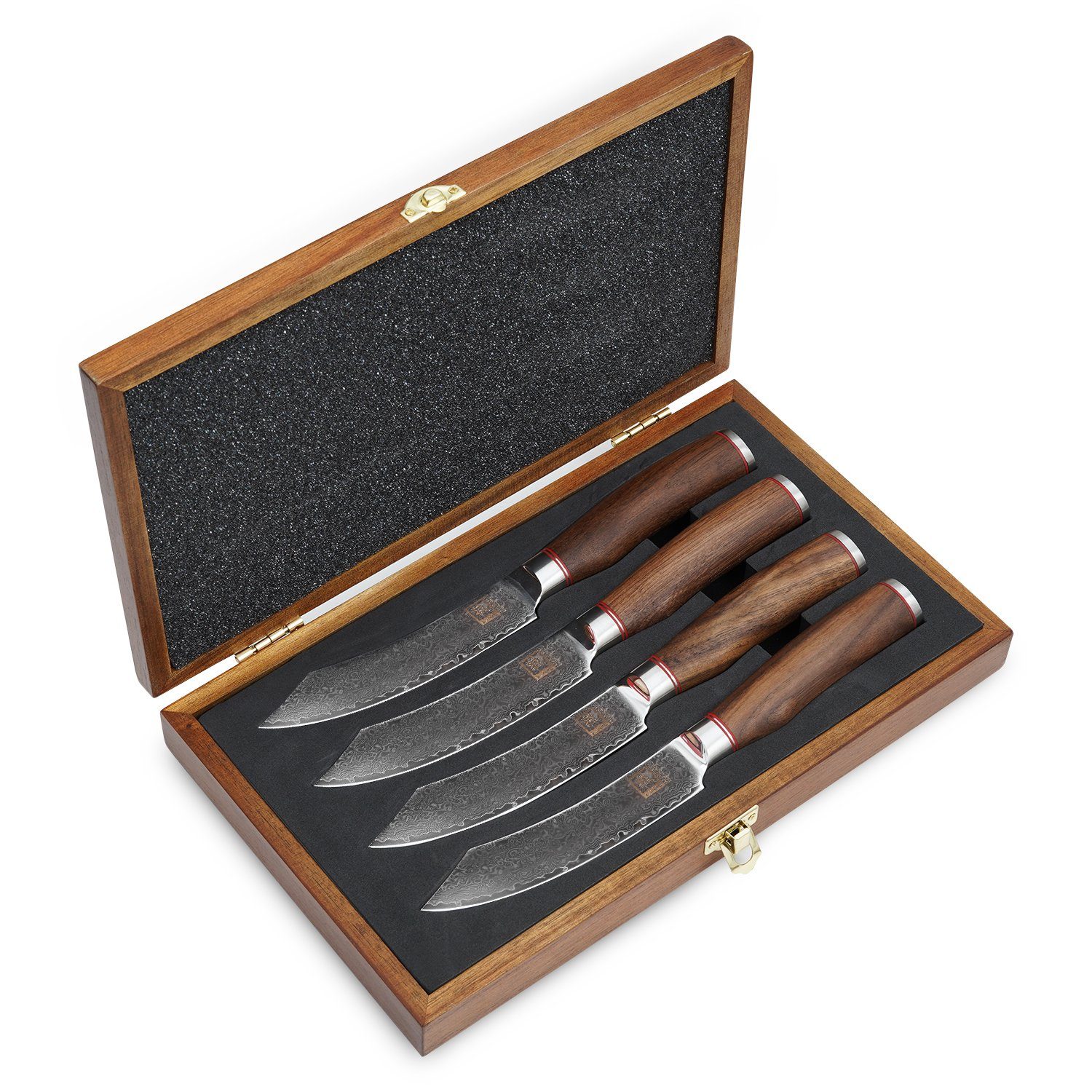 ZAYIKO Steakmesser Kurumi 4er Damastmesser-Set 12cm Klingen Nussbaumgriffe Holzbox