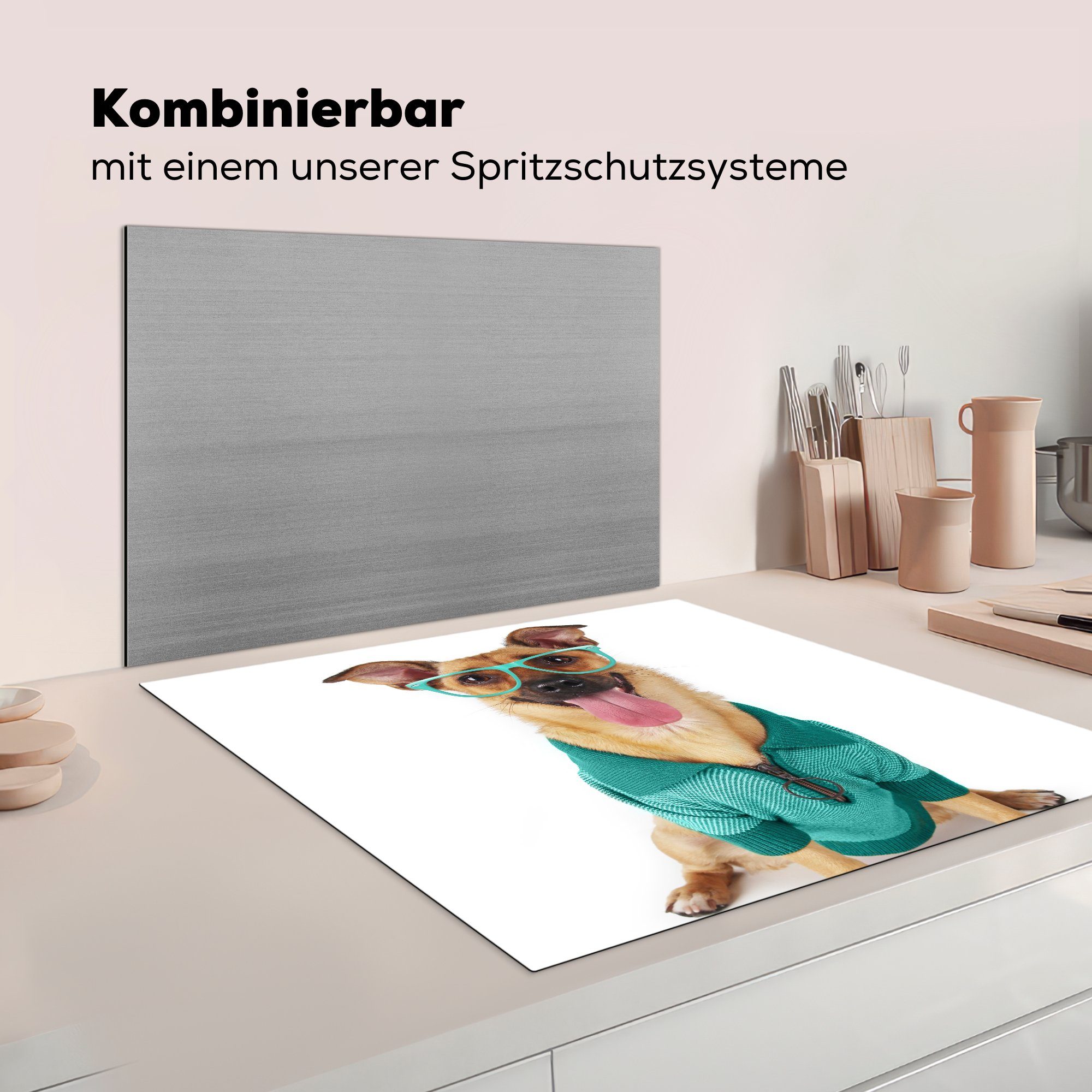 - tlg), Hipster, 78x78 Arbeitsplatte - Hemd küche (1 für Vinyl, cm, Ceranfeldabdeckung, Herdblende-/Abdeckplatte MuchoWow Hund Brille -