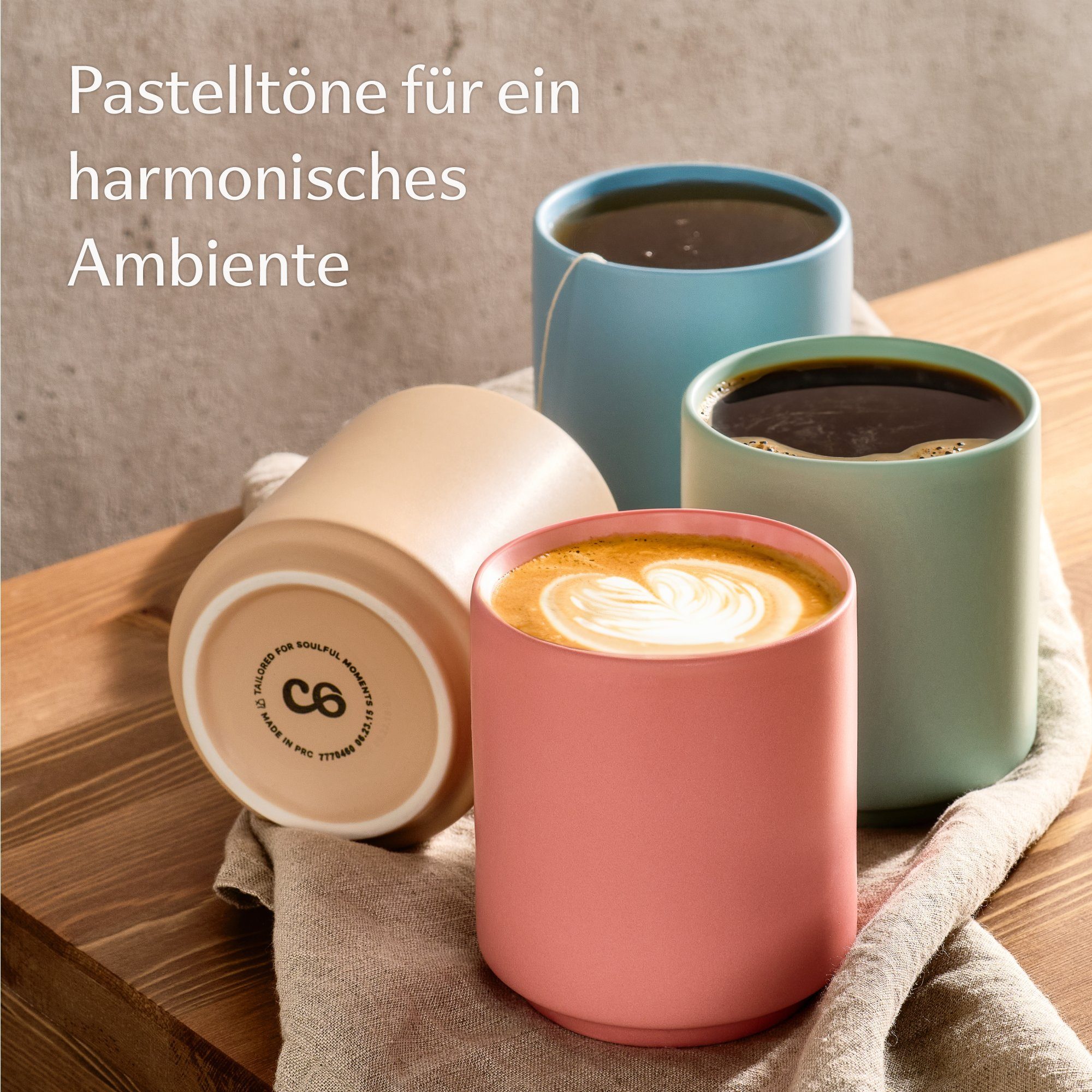 Cosumy Cappuccinotasse Cappuccino Tassen Groß 4er Set - Pastellfarben aus Keramik, 4-tlg., Keramik, Hitzebeständiges Stapelbares Design - Entworfen für Latte Art - 200 ml