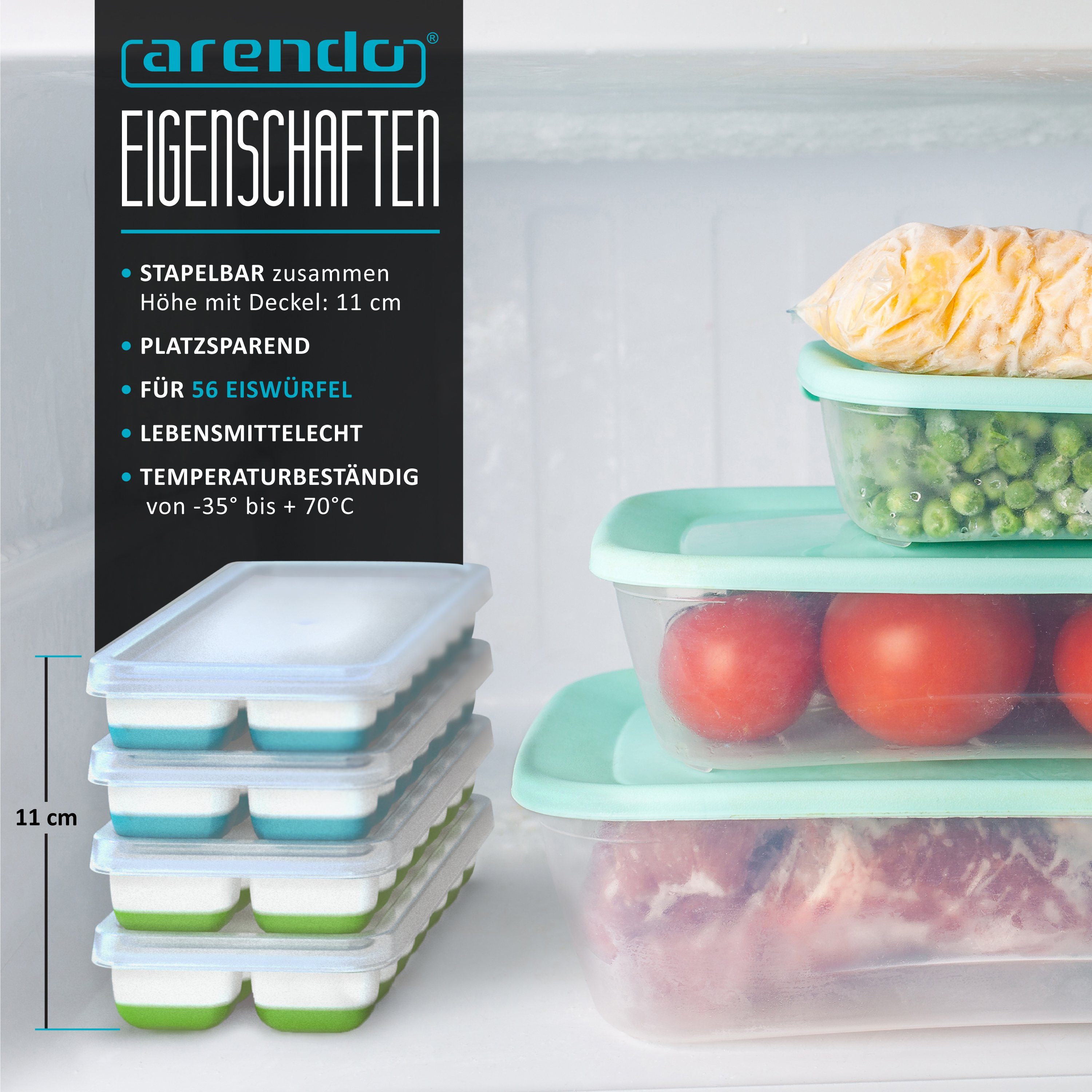 Arendo Eiswürfelform 4er Pack Silikon 250ml, 14 Eiswürfel, spülmaschinengeeignet, stapelbar, (4-tlg), 14 Fächer, 4 x Eiswürfelformen mit Deckel, BPA-frei