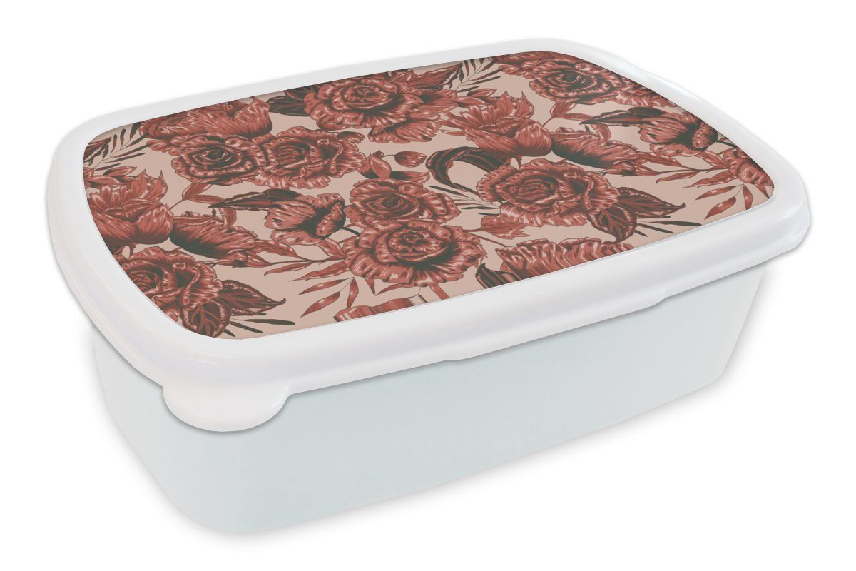 MuchoWow Lunchbox Rose - Muster - Blumen, Kunststoff, (2-tlg), Brotbox für Kinder und Erwachsene, Brotdose, für Jungs und Mädchen weiß