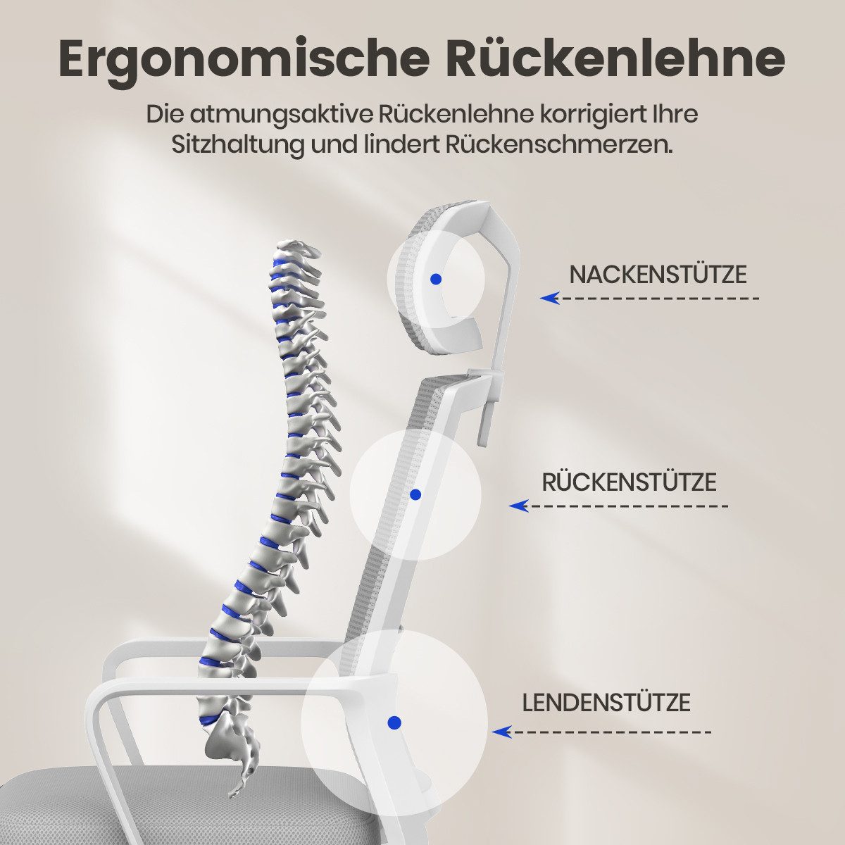 ZAISZE Bürostuhl Atmungsaktiver Bürostuhl mit 2D verstellbarem Kopfstütze Wippfunktion (Spar-Set), Die Kopfstütze ermöglicht eine freie vertikale Verstellung von 15 cm