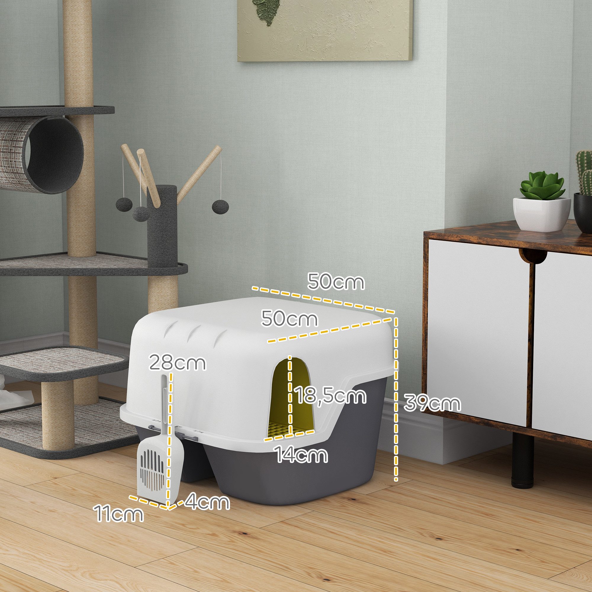 PawHut Katzentoilette mit Deckel, Sieb, Schaufel, geschlossen, für kleine Katze unter 3,5 kg, Indoor, Kunststoff, Cremeweiß