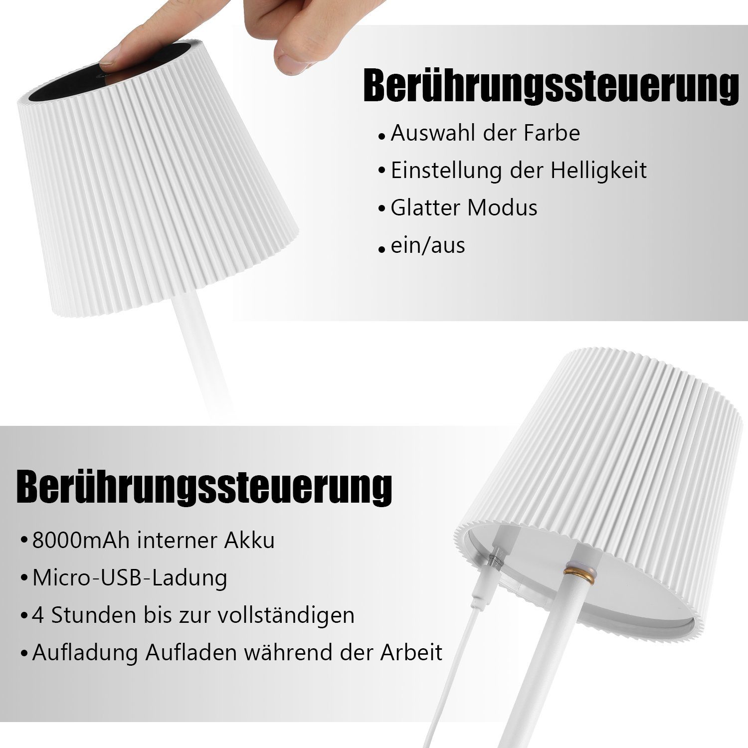 Tischlampe Weiß Abnehmbar 3-Farbe Kaltweiß/Naturweiß/Warmweiß, mit 8000mAh Nachttischlampe, mit LED Touch-Funktion, Tischlampe integriert, Dimmbare LED Wiederaufladbar Tischleuchte fest Metallsockel, Akku LED Tischlampe LETGOSPT